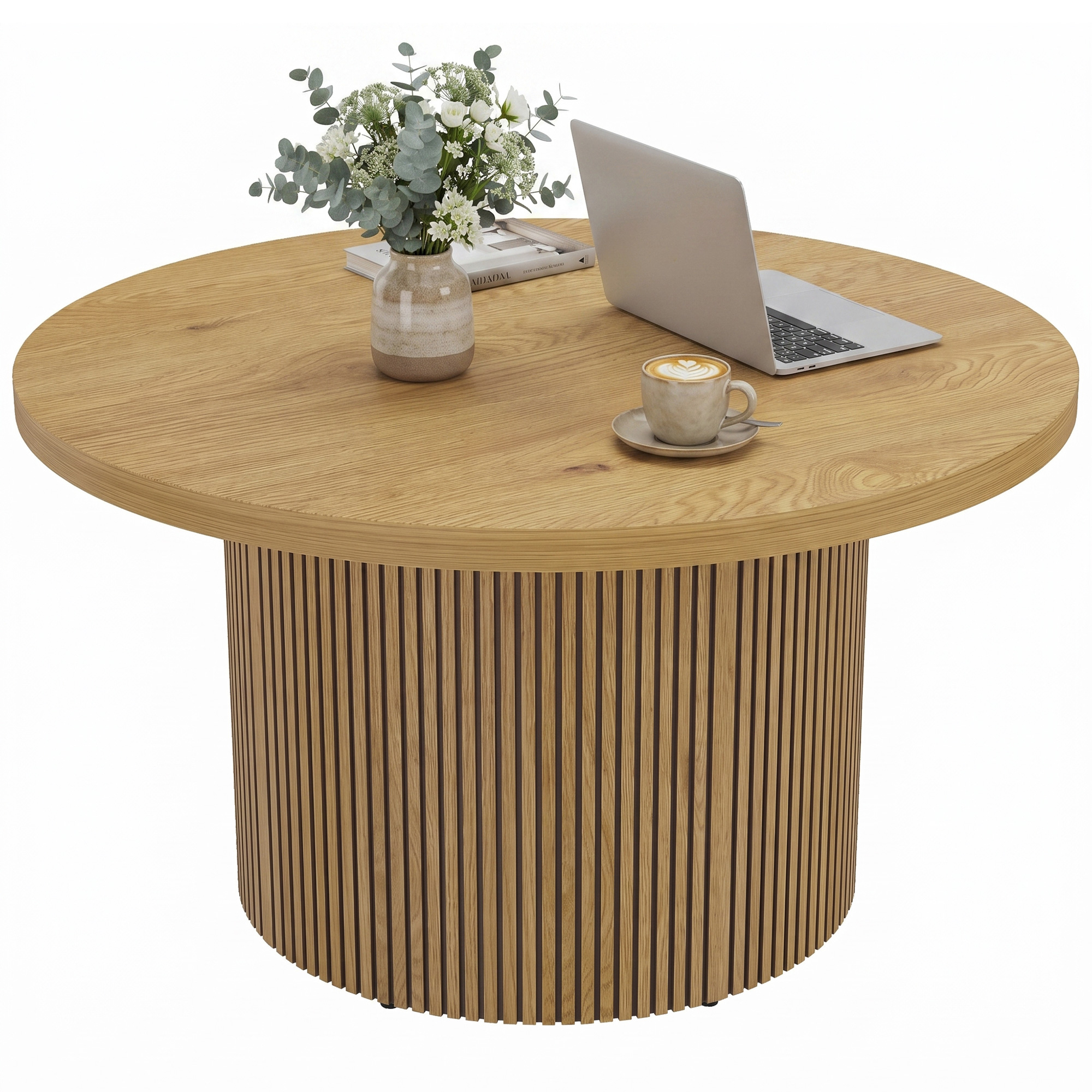 Table Basse - Homcom - Ronde - Moderne - Avec Base Cannelée - Bois - 80x80x45cm - Effet Bois Naturel