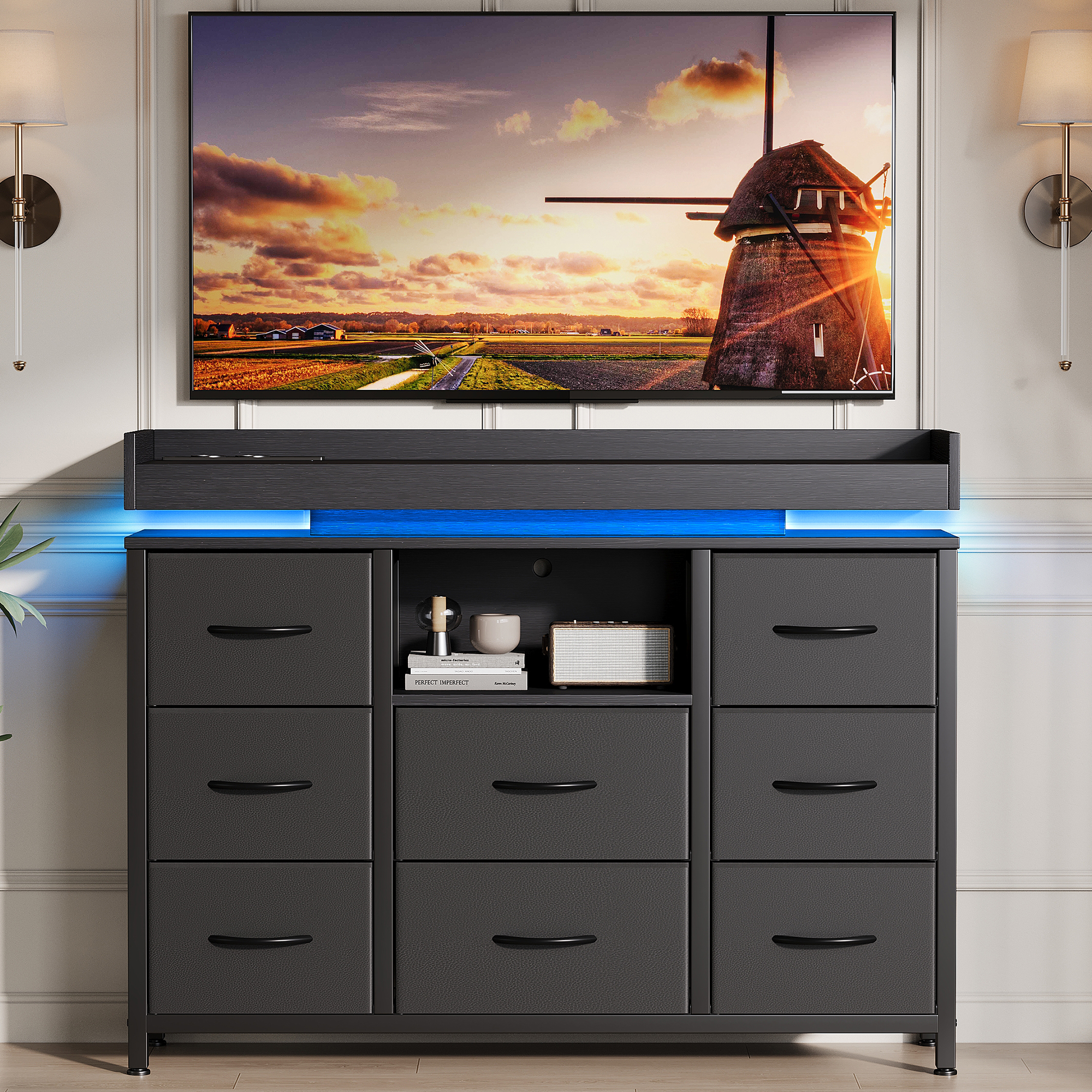 Commode 8 Tiroirs En Tissu Avec Led Rgb Et Station De Charge