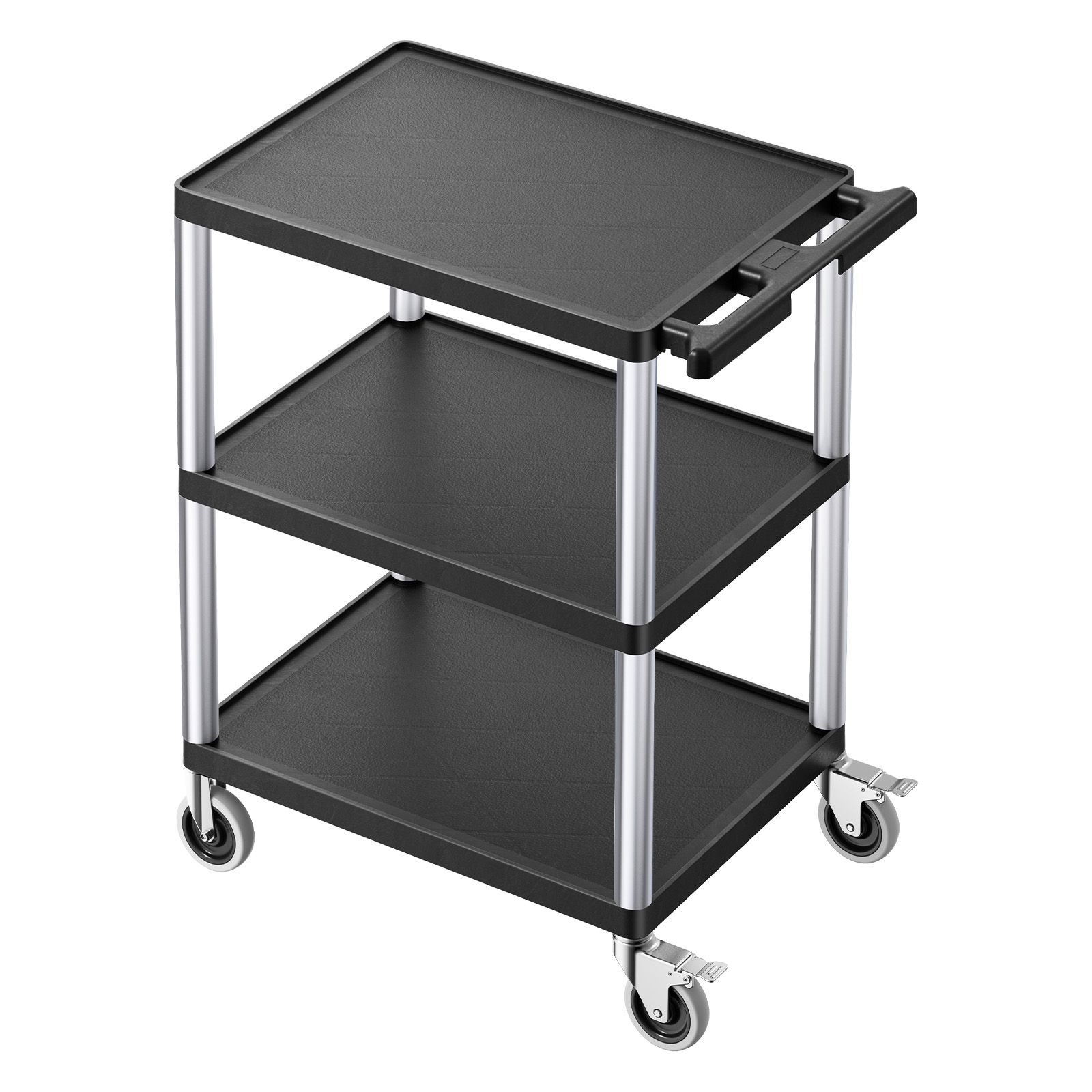 Chariot utilitaire 3 étagères en plastique robuste, roulettes pivotantes 360°, 27,6 x 18,1 pouces, noir