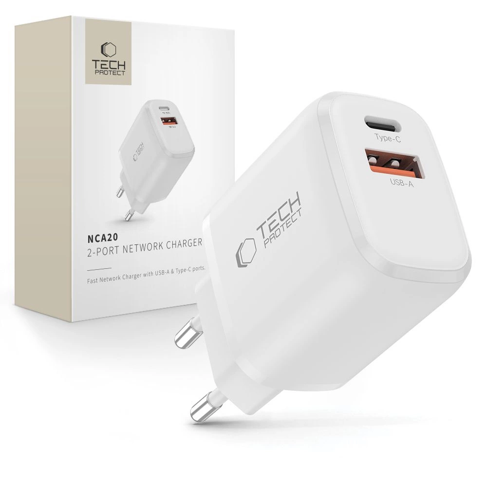 Tech-Protect NCA20 PD 20W QC3.0 USB-A / USB-C Wandladegerät - Weiss (20 W, 2 Ports), USB Ladegerät, Weiss - Bild 3
