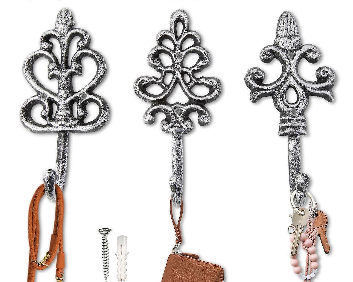 Crochets muraux en fonte, lot de 3, finition argent antique