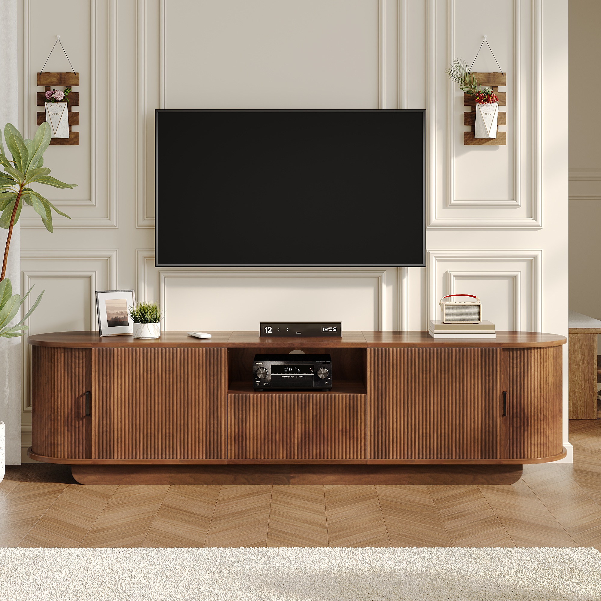 Meuble Tv 180 Cm Noyer Avec Portes Coulissantes Effet Vague 3d