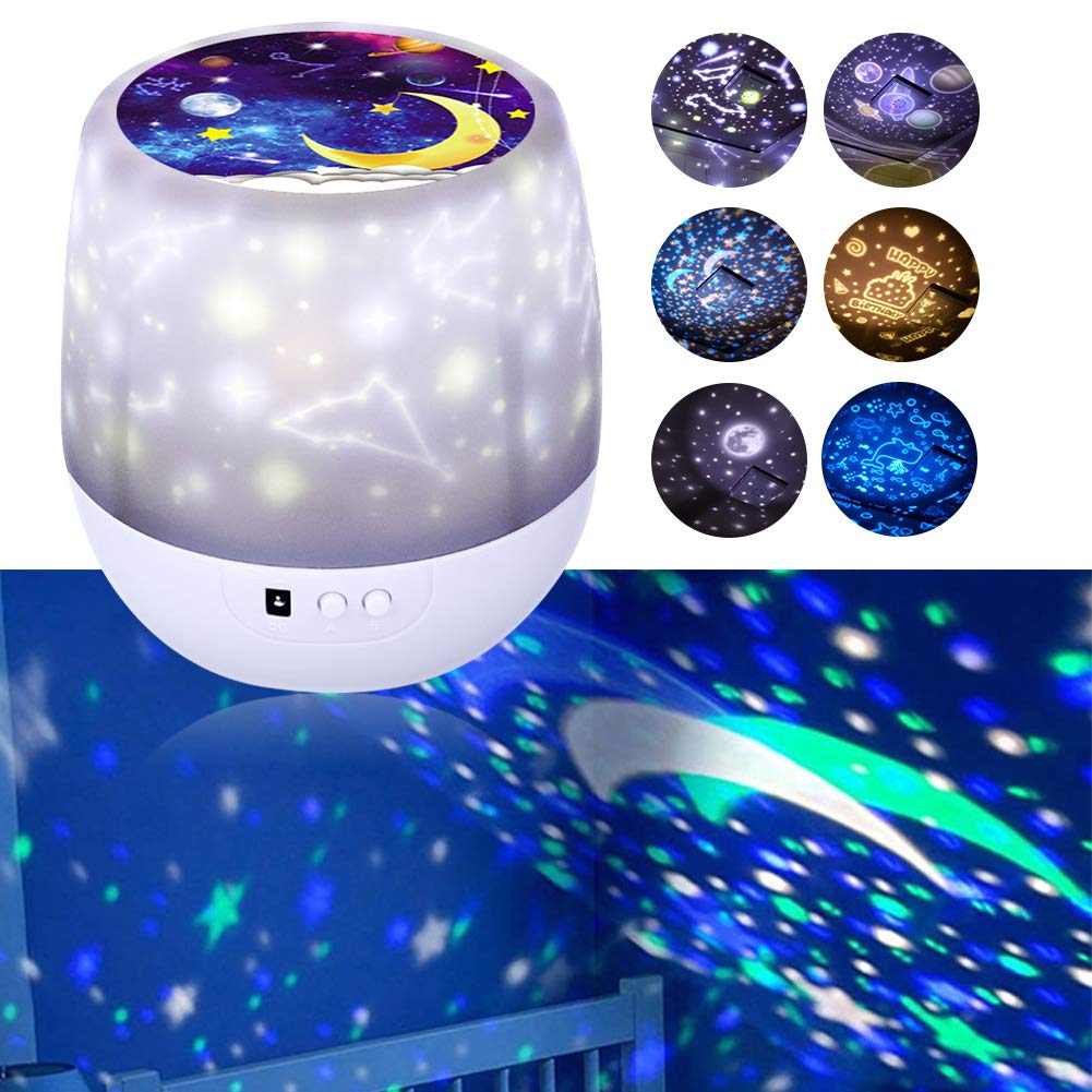 Minkurow Proiettore Per Cielo Stellato A Led, Luce Notturna Per Bambini Girevole A 360°, 6 Effetti Di Luce, Proiettore Di Stelle Dimmerabile Luce Notturna Con 3 Led Per Bambini, Camera Da Letto, Compl