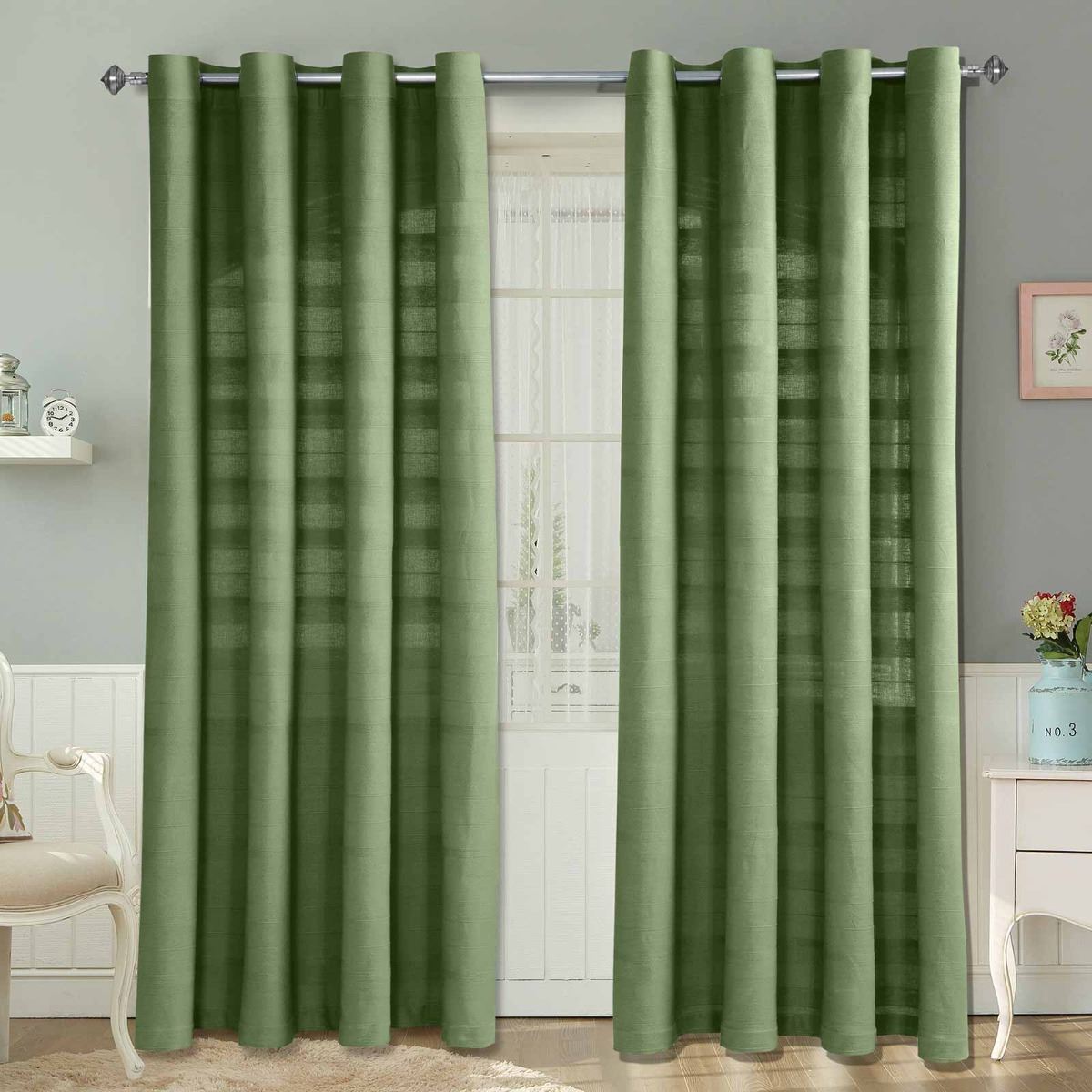 Homescapes - Homecapes Cotton Rajput Ribbed Dark Olive Curtain Pair, 54 X 54'