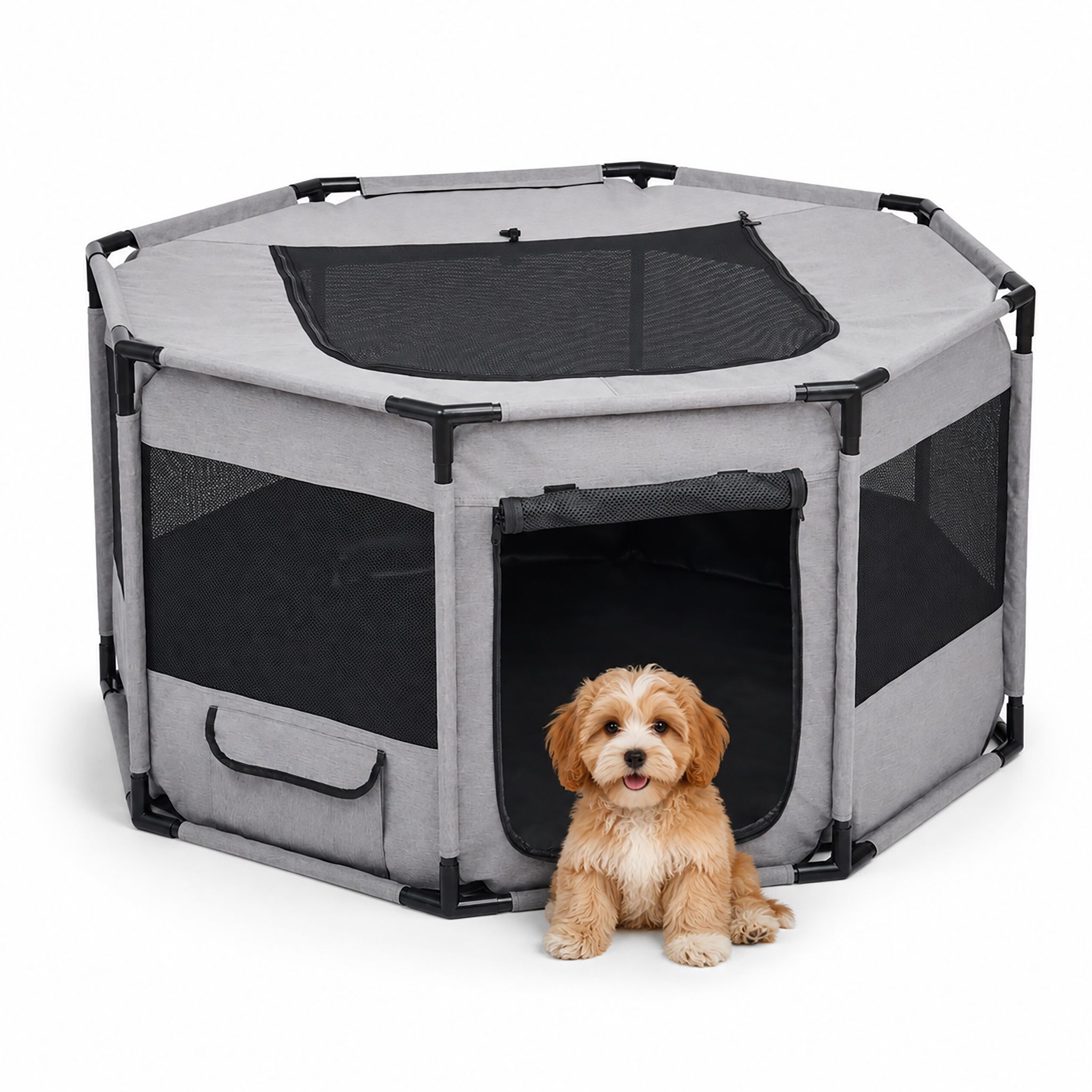 Relaxdays Grau/Schwarz Welpenauslauf, Hxbxt: 62 X 114 X 114 Cm, Indoor & Outdoor, Netz, Polyester, Stahl, Tierlaufstall,