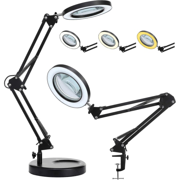Loupe 5x en verre véritable avec lumière LED et pince, 2-en-1, 3 modes de couleur, gradation continue, pour travaux manuels, lecture et maquillage