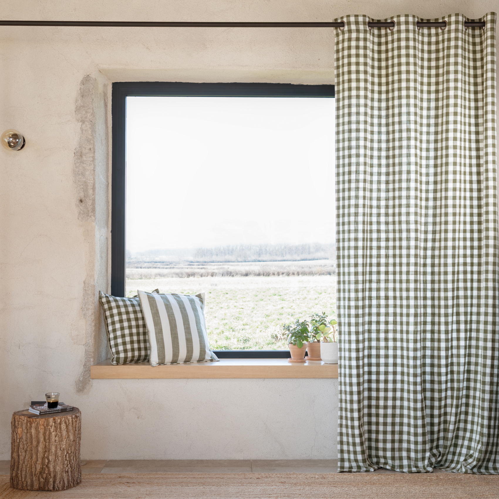 Rideau 100% Coton Vichy Lourmarin Kaki 140x260 Cm