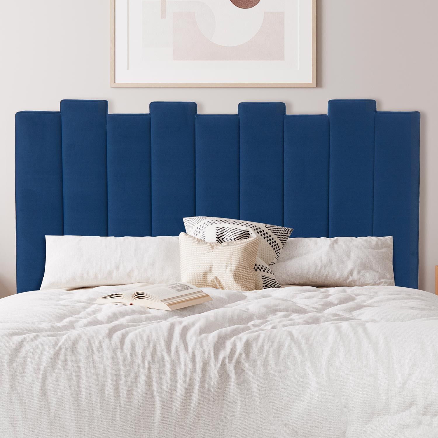 Cotecosy – Tête De Lit 140 Cm En Velours Bleu – Bandes Verticales