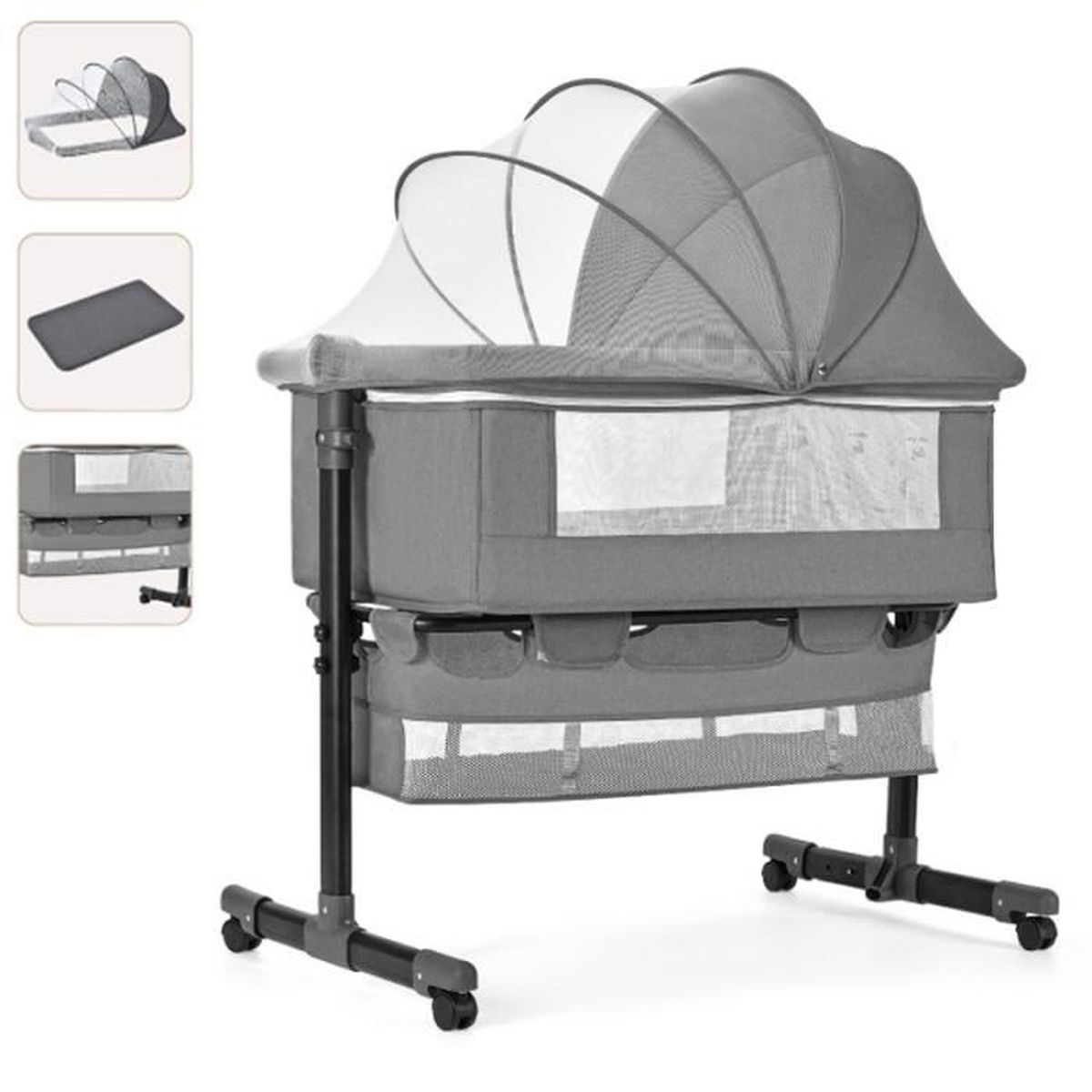 Lit Bébé Berceau Cododo - Gris - Hauteur Réglable - Matelas