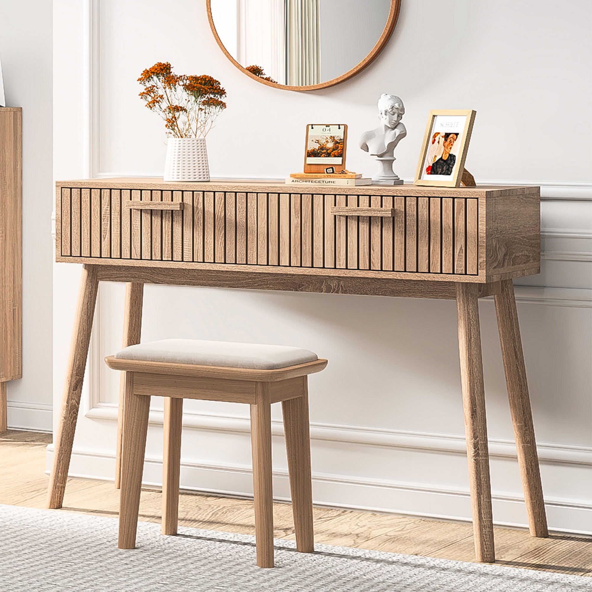 Dans Les Nuages - Console, 2 Tiroirs De Rangement, Commode En Bois, Poignées, Pieds, Style Moderne - Naturel