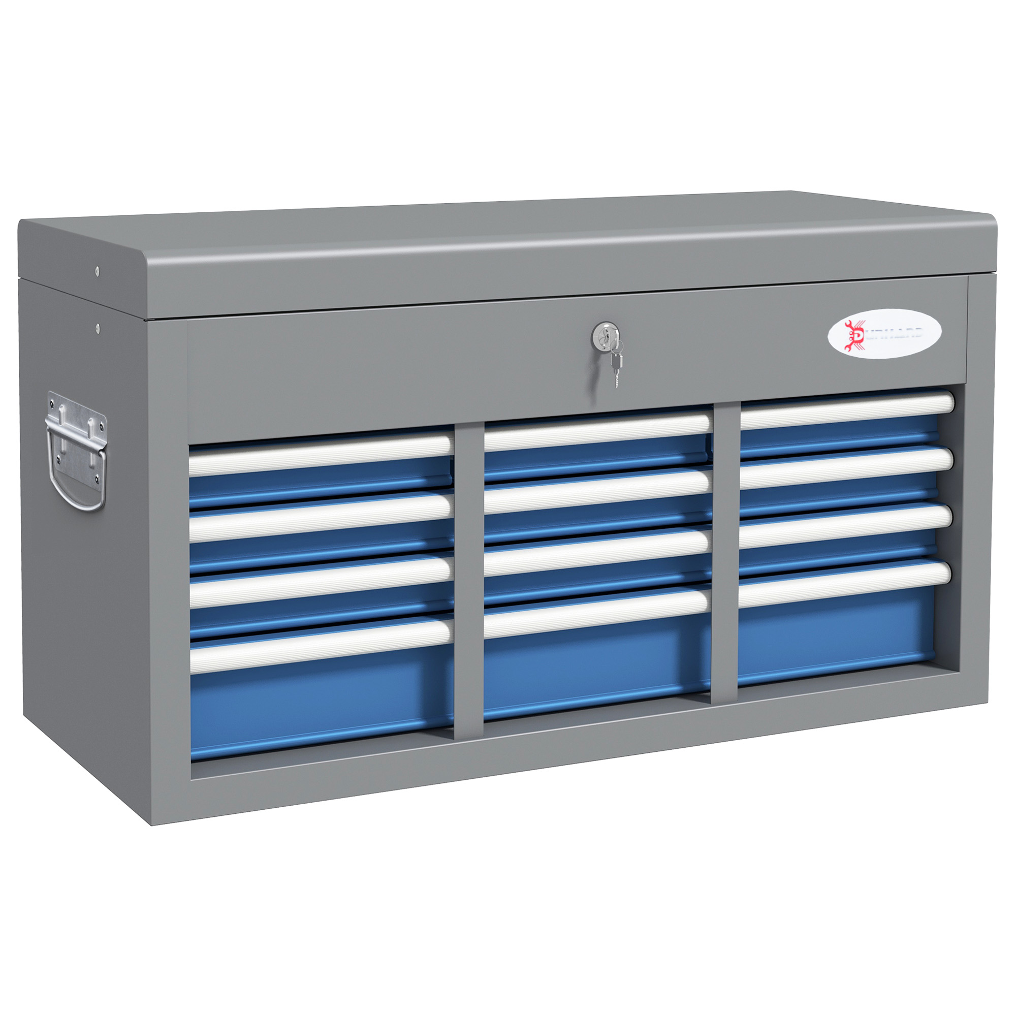 Coffre à outils en acier bleu avec 6 tiroirs et coffre supérieur, 60 x 26 x 34 cm, charge 20 kg, verrouillable à clé