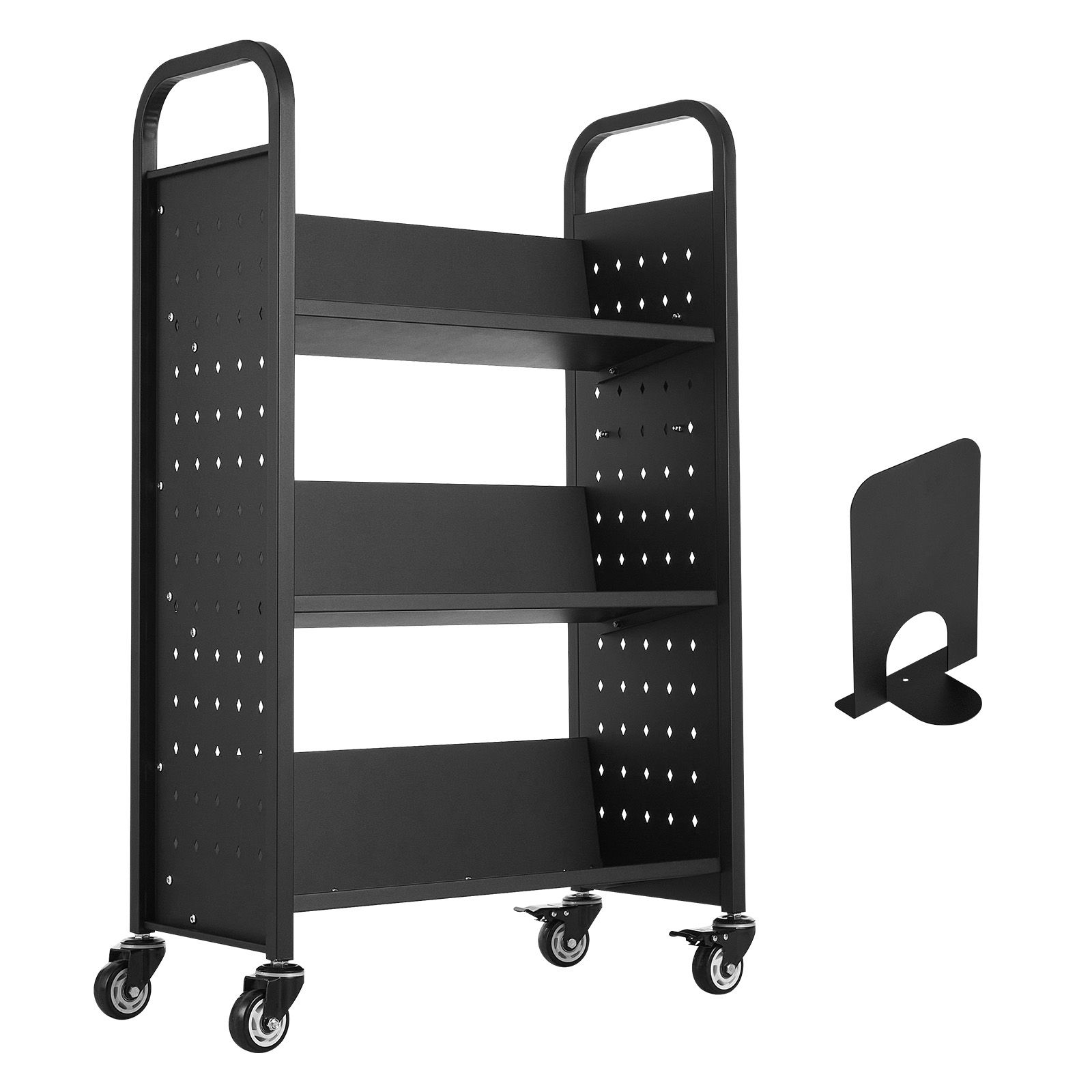 Chariot de bibliothèque roulant à 3 étagères en acier au carbone, capacité 150 kg, 77 x 38 x 122 cm, roues TPR verrouillables, noir