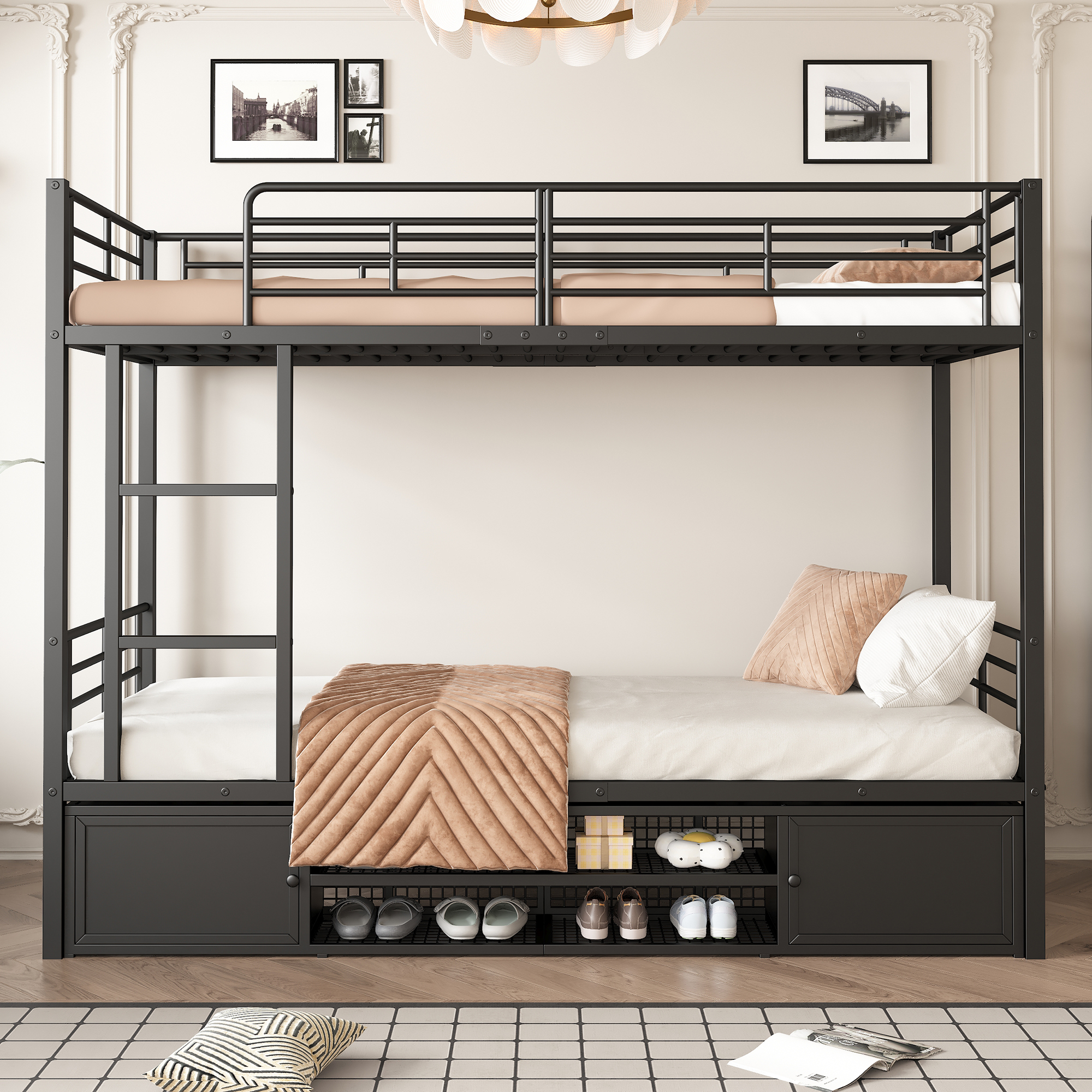 Modernluxe – Lit Superposé 90x200cm En Fer Noir – Avec Échelle Et Meuble À Chaussures – Sécurité En747 – Facile À Assembler