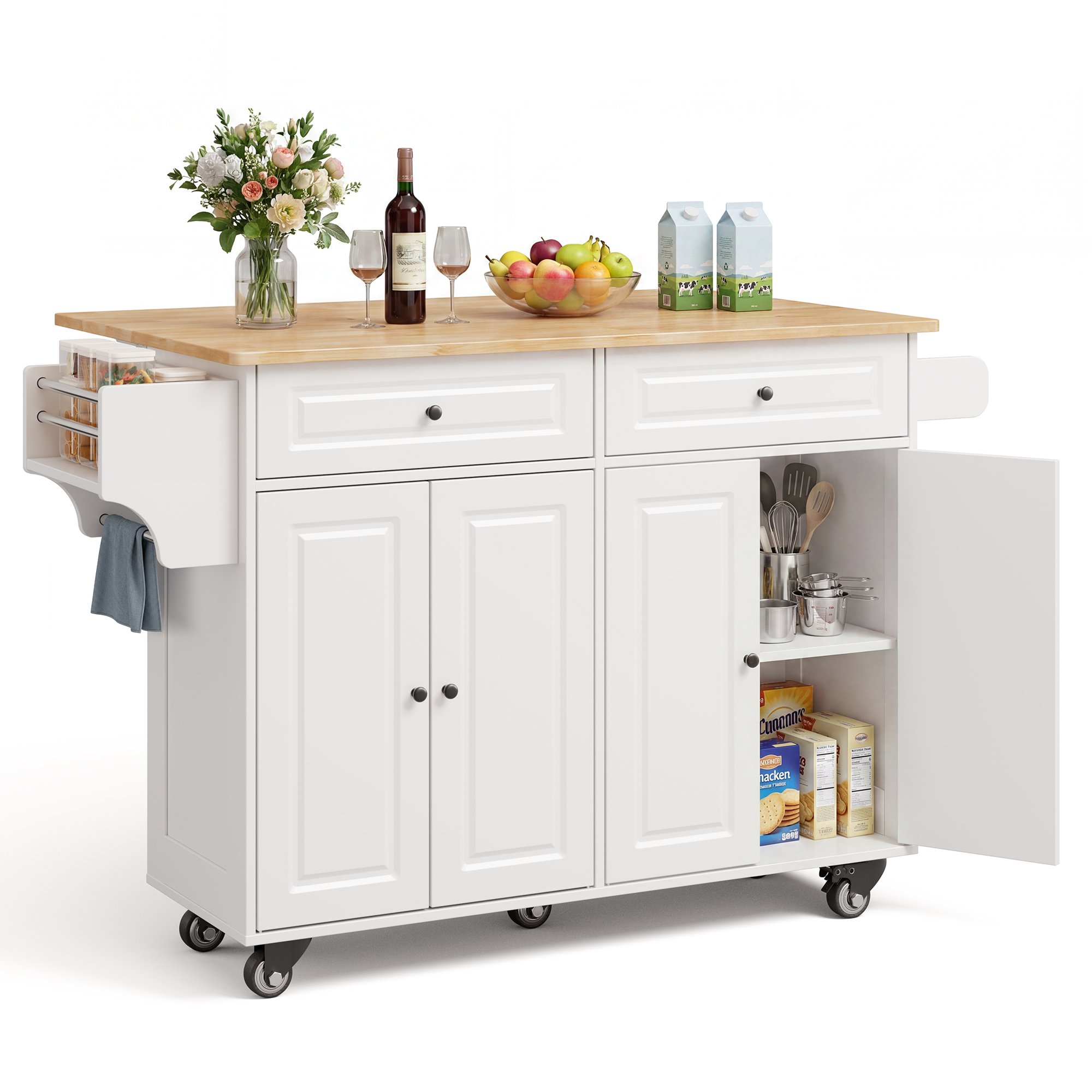Kücheninsel-unterschrank Bealife Küchenschrank Klappbar Mit Klappbarer Arbeitsplatte 2 Schubladen 2 Regalböden 4 Türen Weiß 145 X 75 X 90 Cm