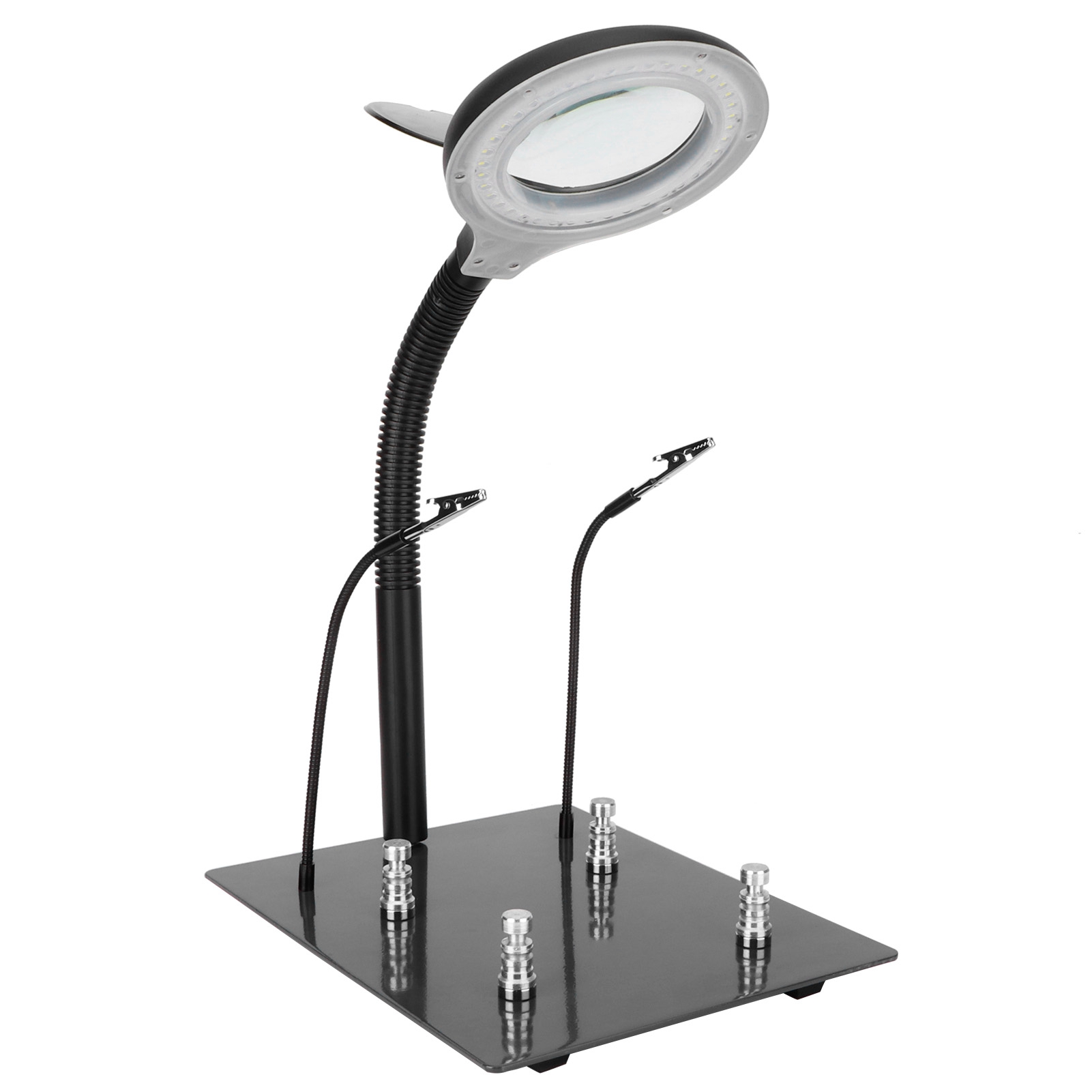 Lampe loupe sur pied 15x, 40 LED SMD, bras flexible 360°, socle métallique, pinces et supports magnétiques