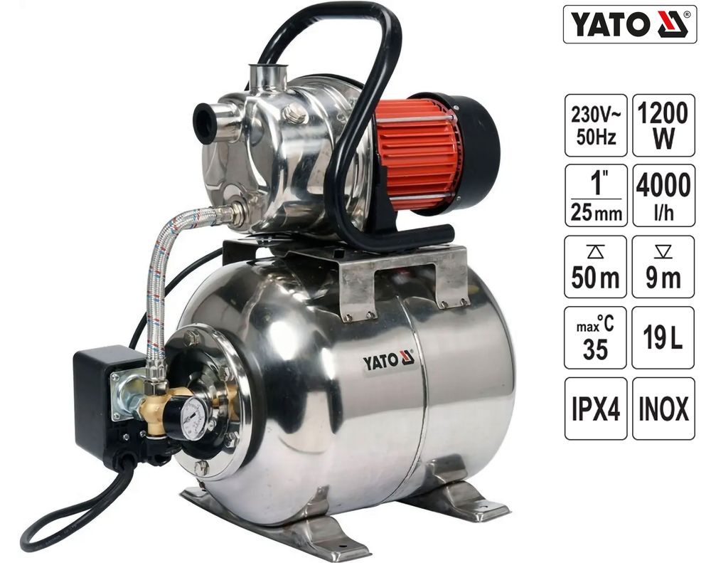 Yato Edelstahl Hauswasserwerk 1200W Gartenpumpe Pumpe Hauswasserversorgung Förderung Von Klarem Wasser Zuverlässige Wasserversorgung, Fördermenge 4000 L/H Mit Integriertem Manometer