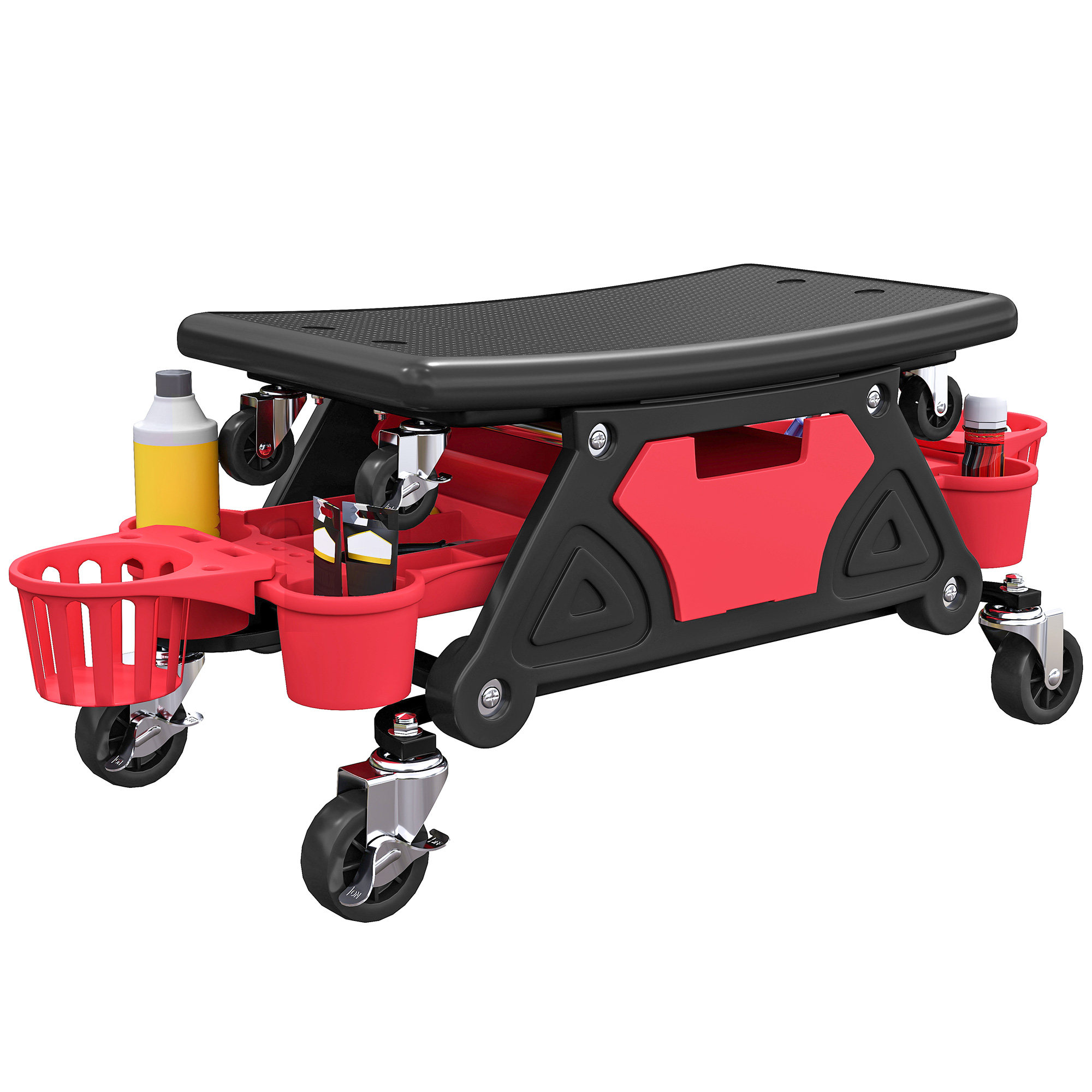 Tabouret d'atelier mobile 135 kg, siège mécanicien avec plateaux de rangement, 86 x 33 x 33 cm, rouge
