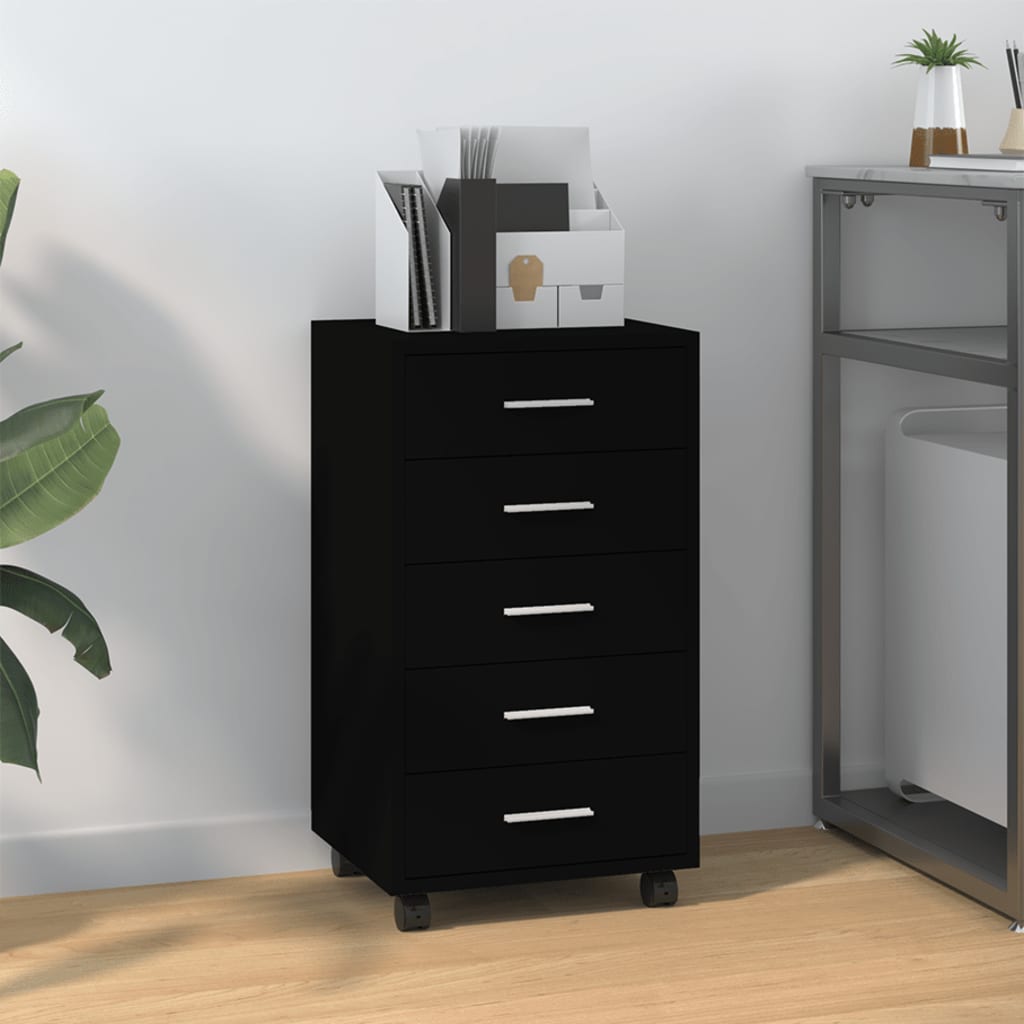 Drawer Cabinet With Castors Black Engineered Wood Vidaxl