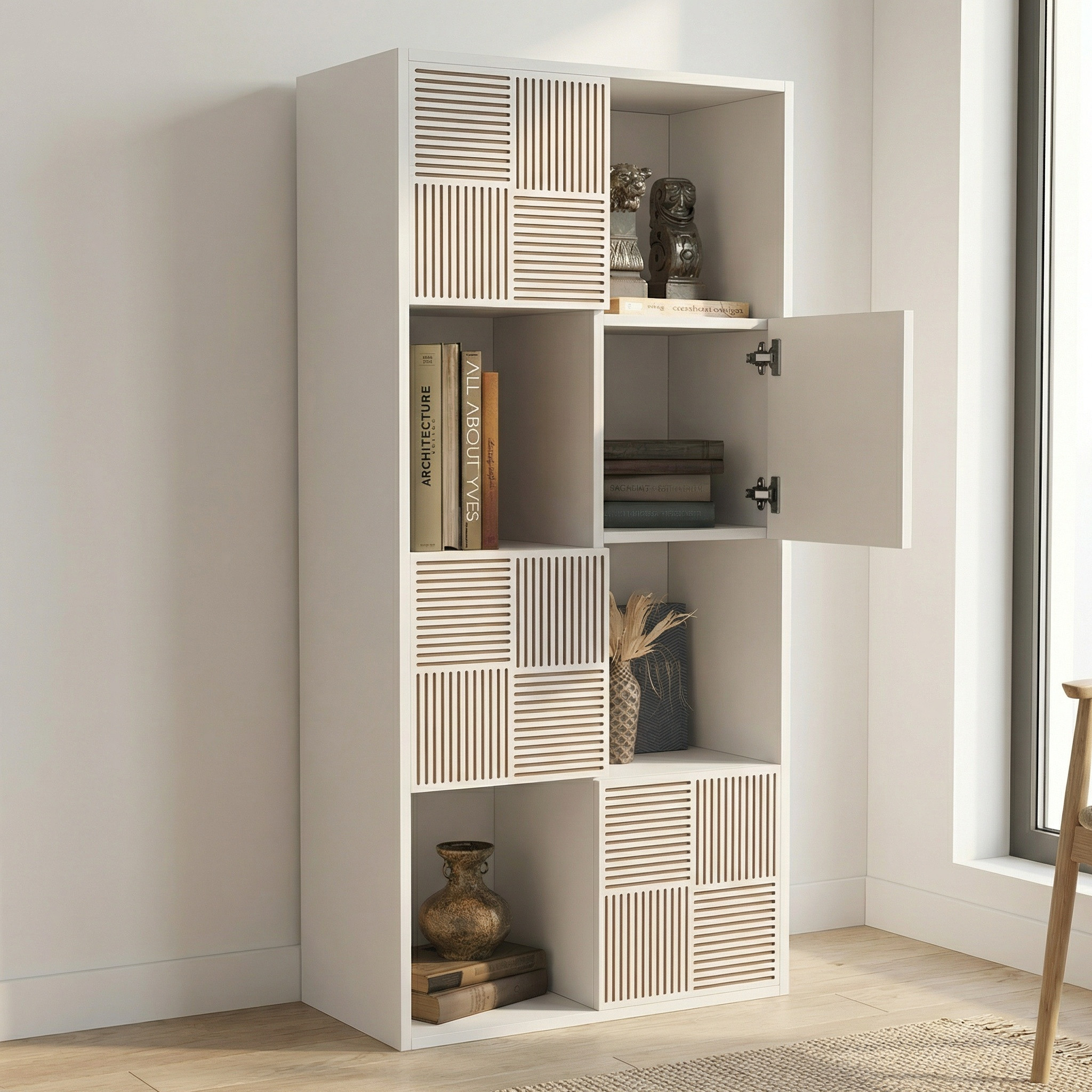 Bibliothèque, 60x30x125cm, Bibliothèque Basse, 8 Compartiments Avec 4 Portes, Étagère De Rangement, Meuble De Rangement Modulable, Style Moderne/scandinave, Blanc