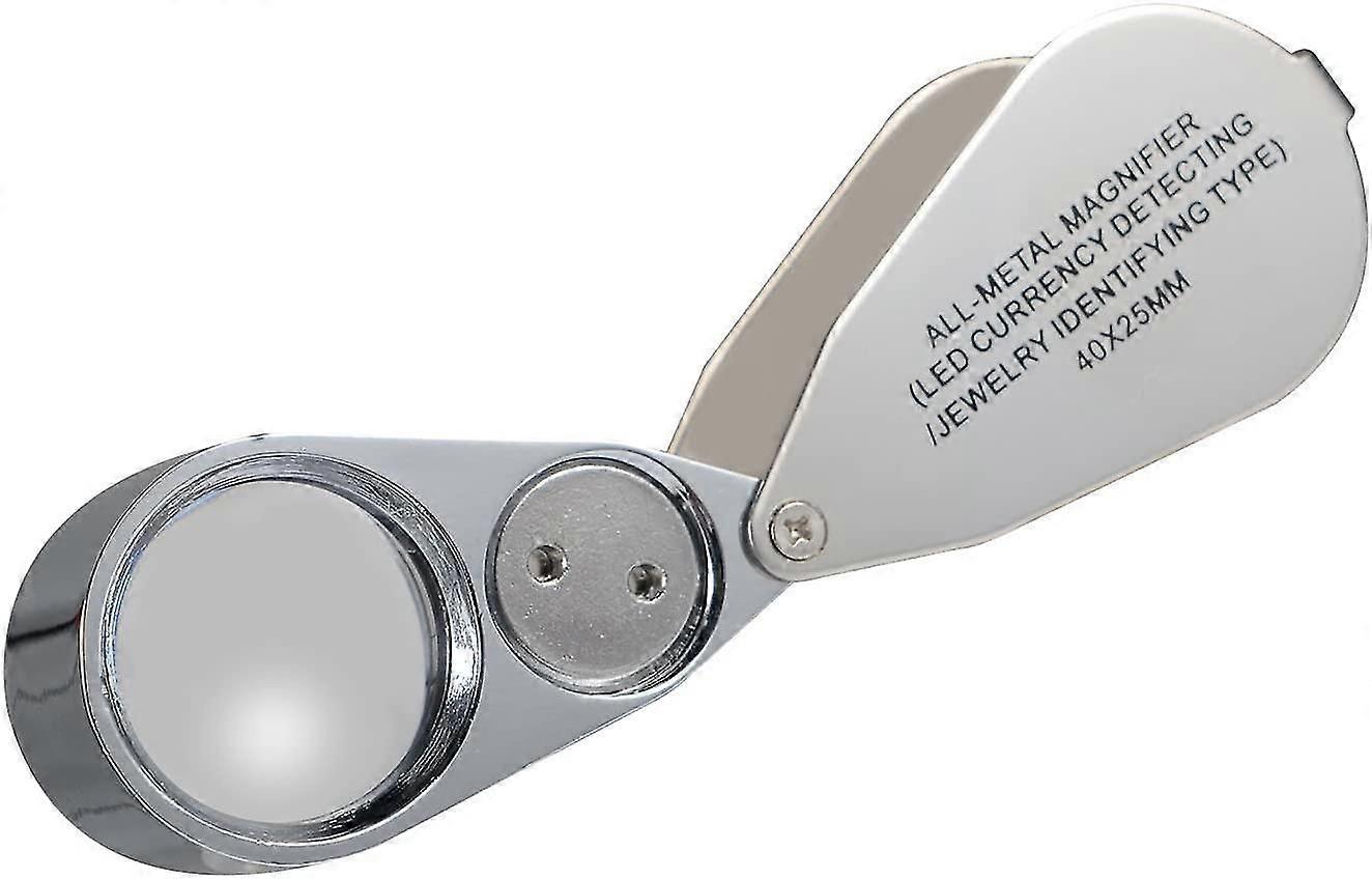 Loupe de bijouterie pliante 40x en métal, verre optique 25 mm, LED et UV, piles fournies