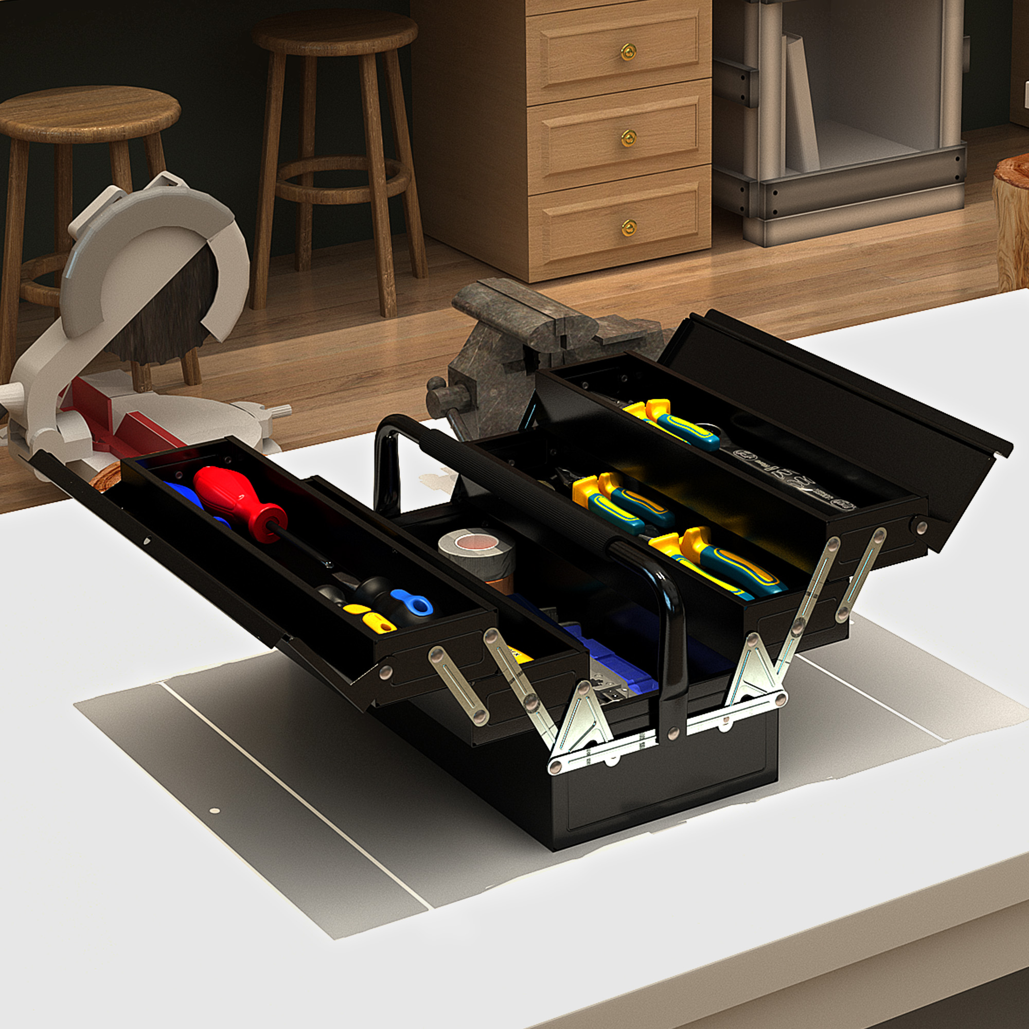 Boîte à outils pliable en métal avec 5 plateaux et poignée, 45 x 20 x 34,5 cm, noir