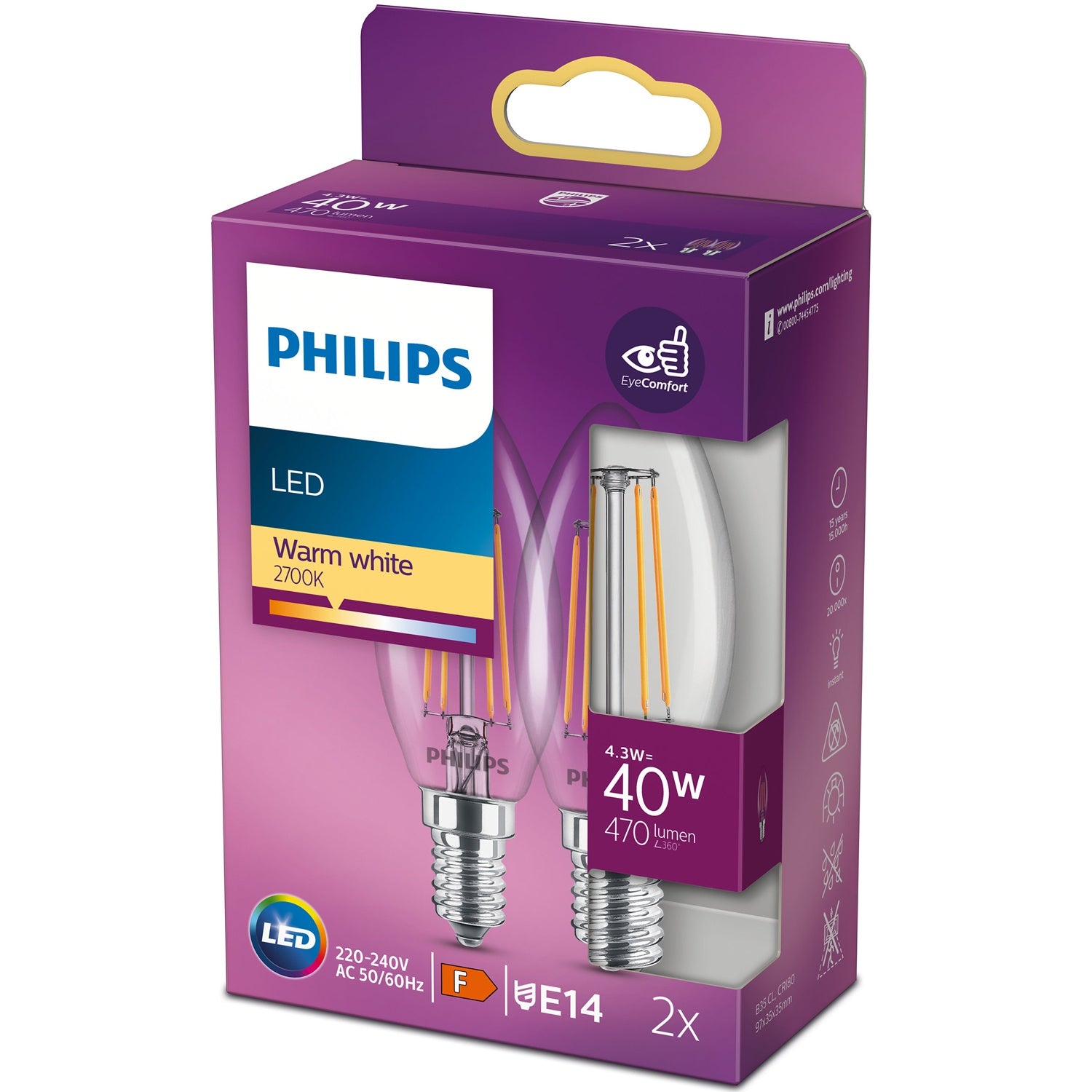 Philips LED classic Lampe E14, Kerzenform, 40 W, warmweiß (2700), 470 Lumen, Glas, 2er Pack, Weiß - Bild 5