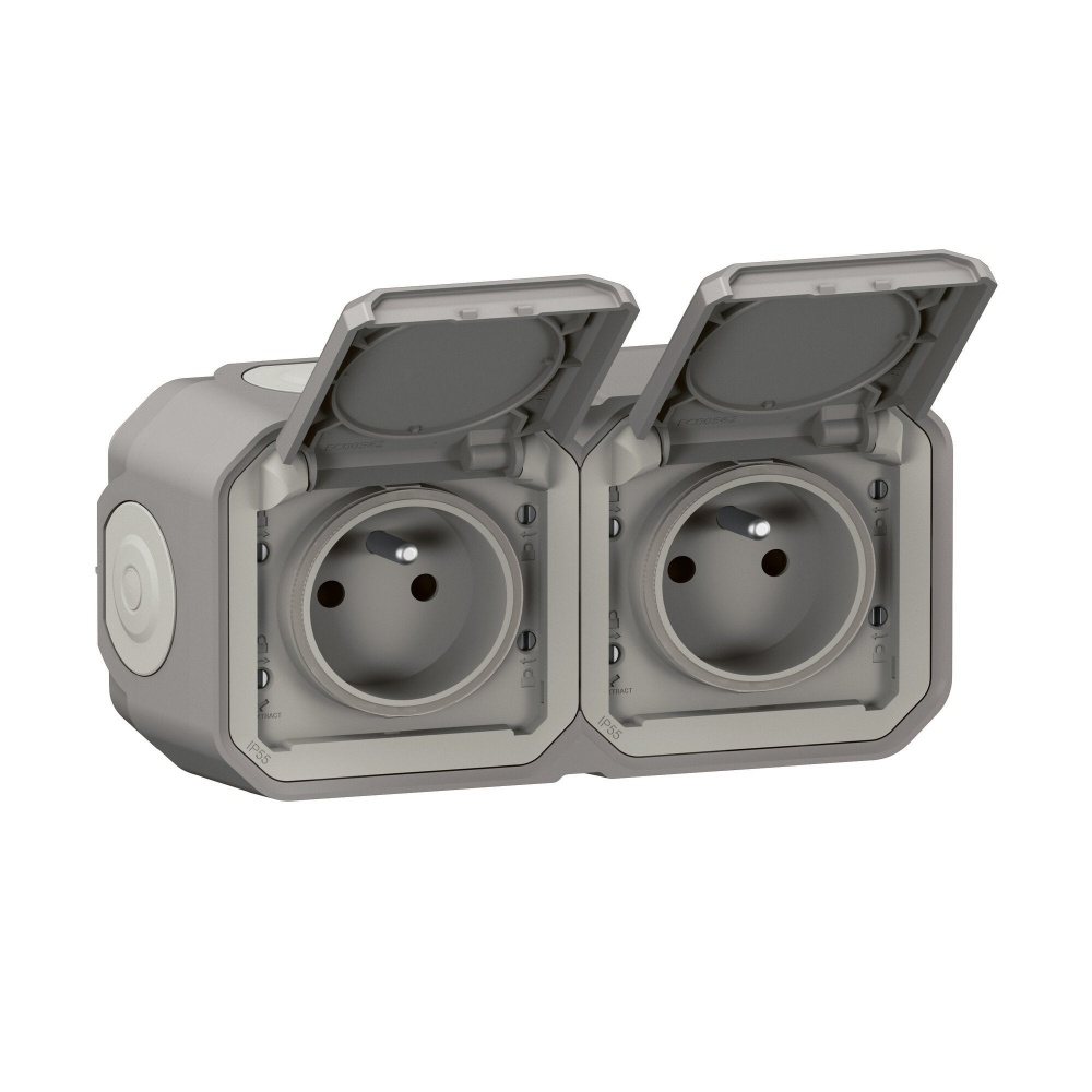 Double prise de courant horizontale avec volet Plexo complet saillie - gris - Legrand