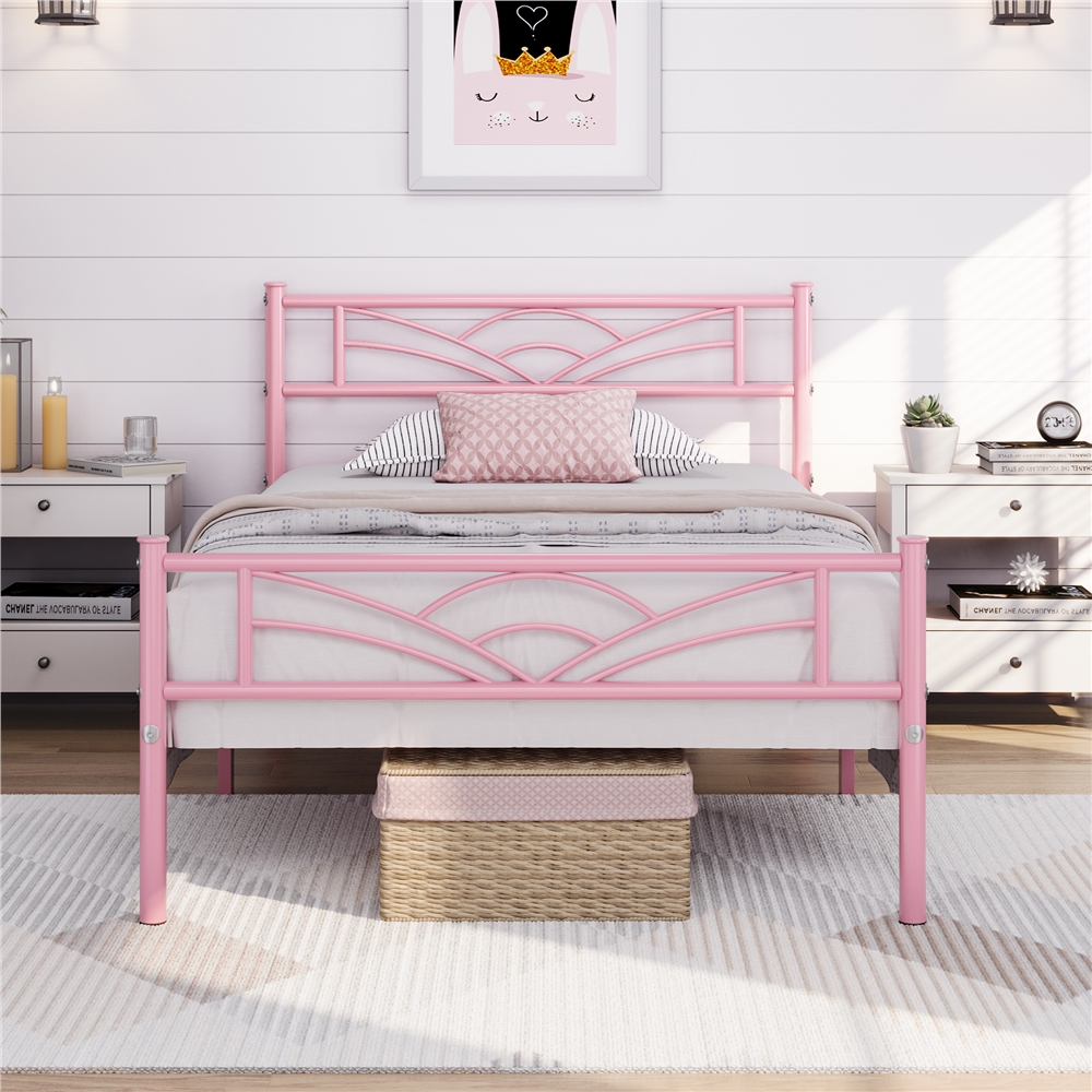 Yaheetech - Lit Simple Cadre De Lit 90 X 200 Cm En Métal Assemblage Simple Pour Petits Espaces Adultes Rose