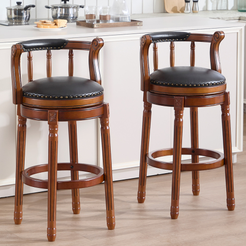 Tabouret De Bar Pivotant Haute 29,5" Pieds En Bois, En Cuir, Noir