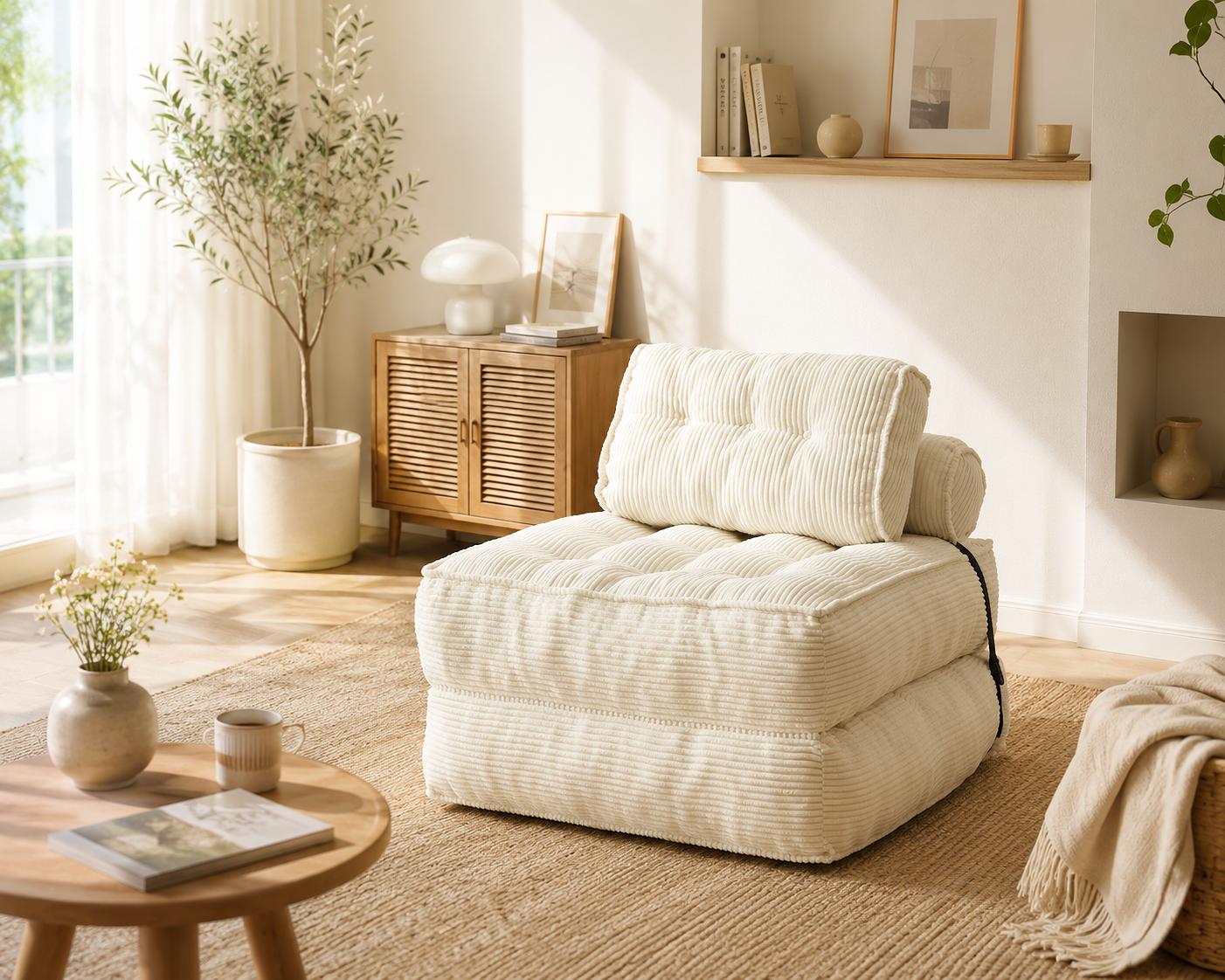 Sofa Lit Pliable 3 En 1 Velours Côtelé Beige 195x85cm Fauteuil Lounge