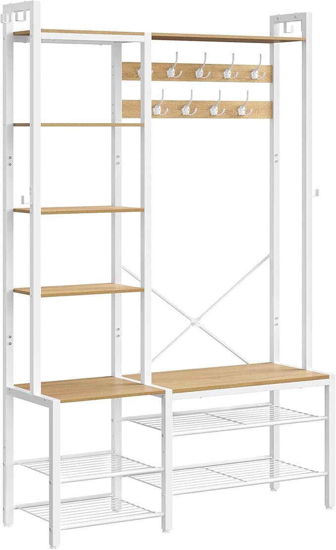Vasagle - Porte-manteau, Meuble D'Entrée, Avec Porte-chaussures, 5 Étagères De Rangement, 9 Patères Et 6 Crochets Latéraux, 40 X 120 X 190 Cm, Doré Chêne Et Blanc Nuage
