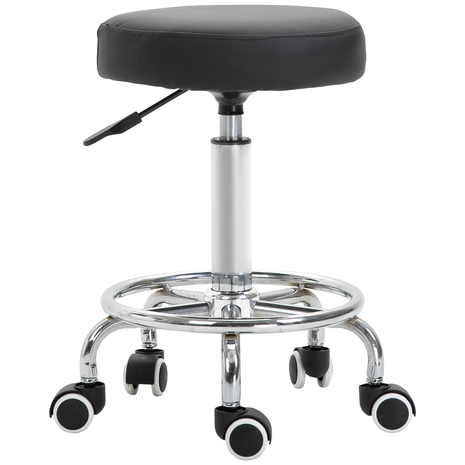 Tabouret à roulettes réglable 50-64 cm, siège pivotant 360°, assise rembourrée noire, Yumi