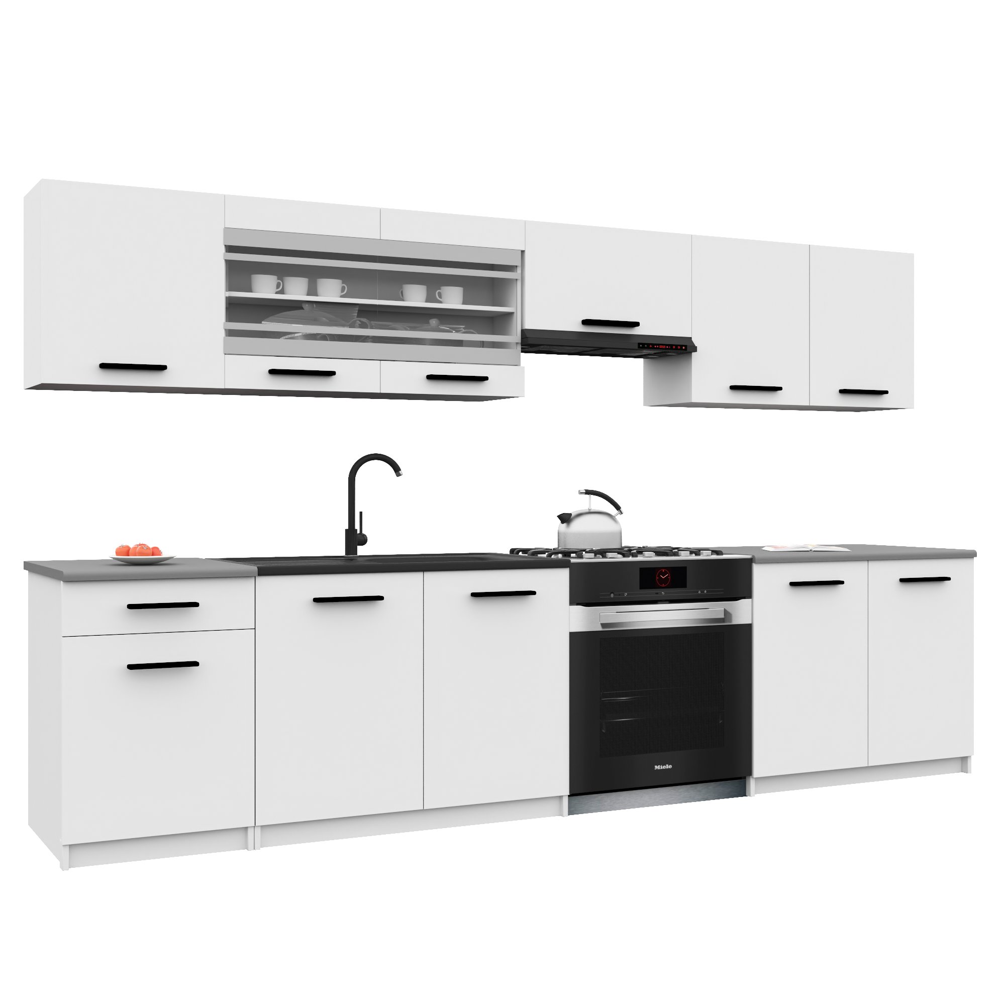 Belini Italia 4 Cuisine Equipée Modulaire Complète - 260 Cm. Meubles Hauts Bas Avec Plan De Travail, Blanc Mat