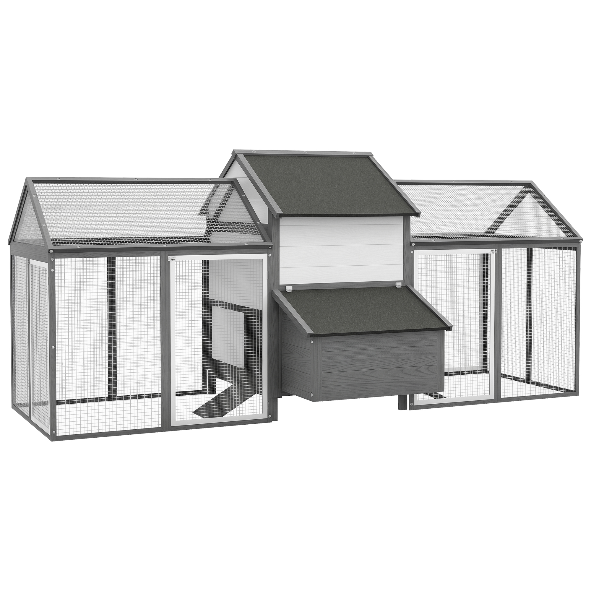 Pawhut Hühnerstall Aus Holz Hühnerhaus Mit Nistkasten Geflügelstall Mit Rampe, Gehege Für Hühner Doppel-laufstall Mit Tablett, Grau, 247 X 125 X 113,5 Cm