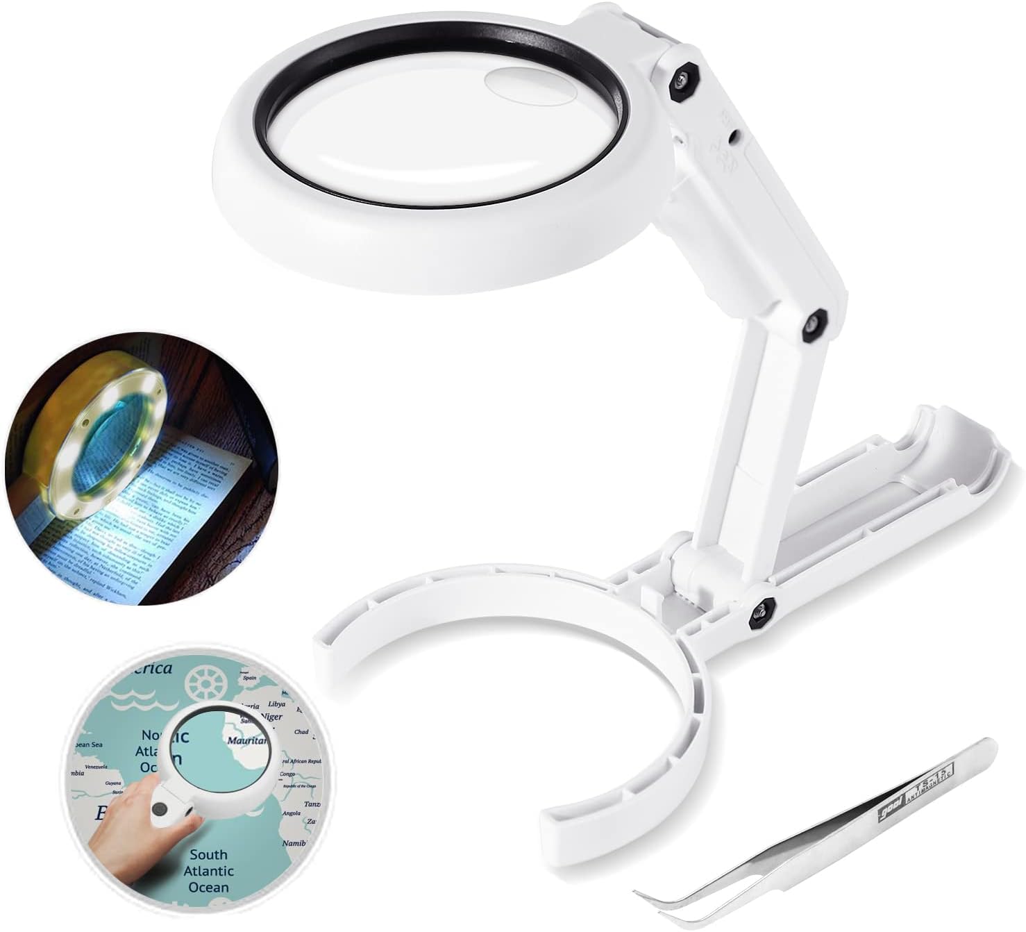 Loupe à main et de table à support pliable, 5x et 11x, 8 LED, 193 x 90 x 26 mm