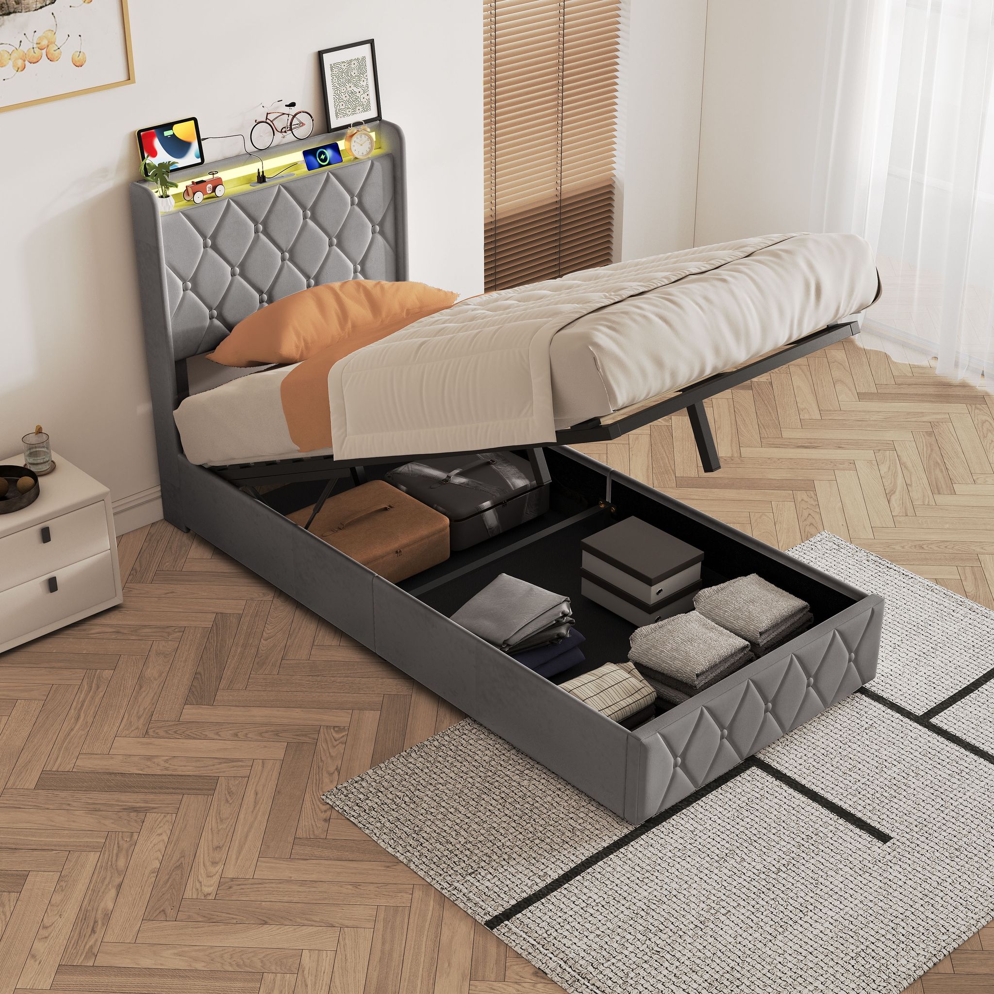 Lit Coffre Simple 90x200 Cm En Velours - Cadre De Lit Adulte Enfant