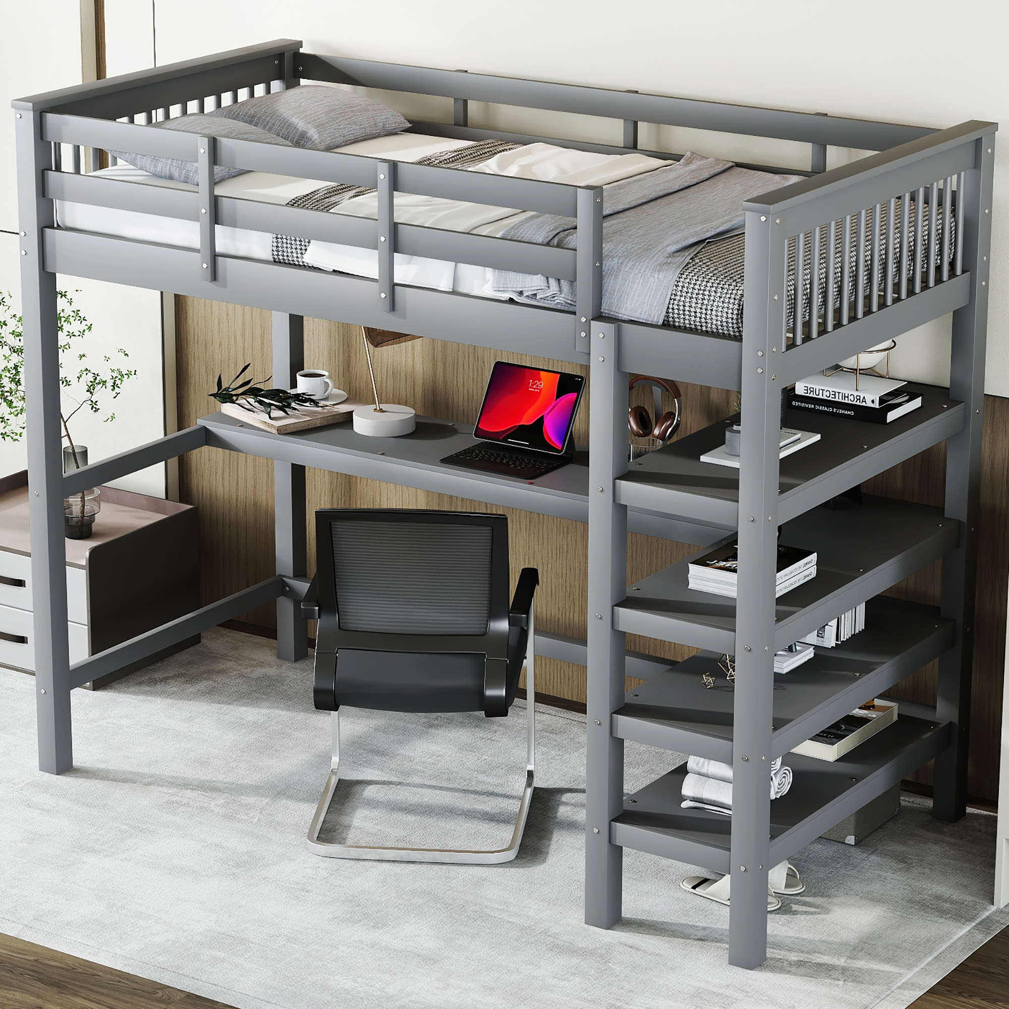Stilvora Hochbett Einzelbett Mit Schreibtisch Und Regalfächern, 90×200 Cm, Ohne Matratze, Aus Kiefernholz Und Mdf, Grau