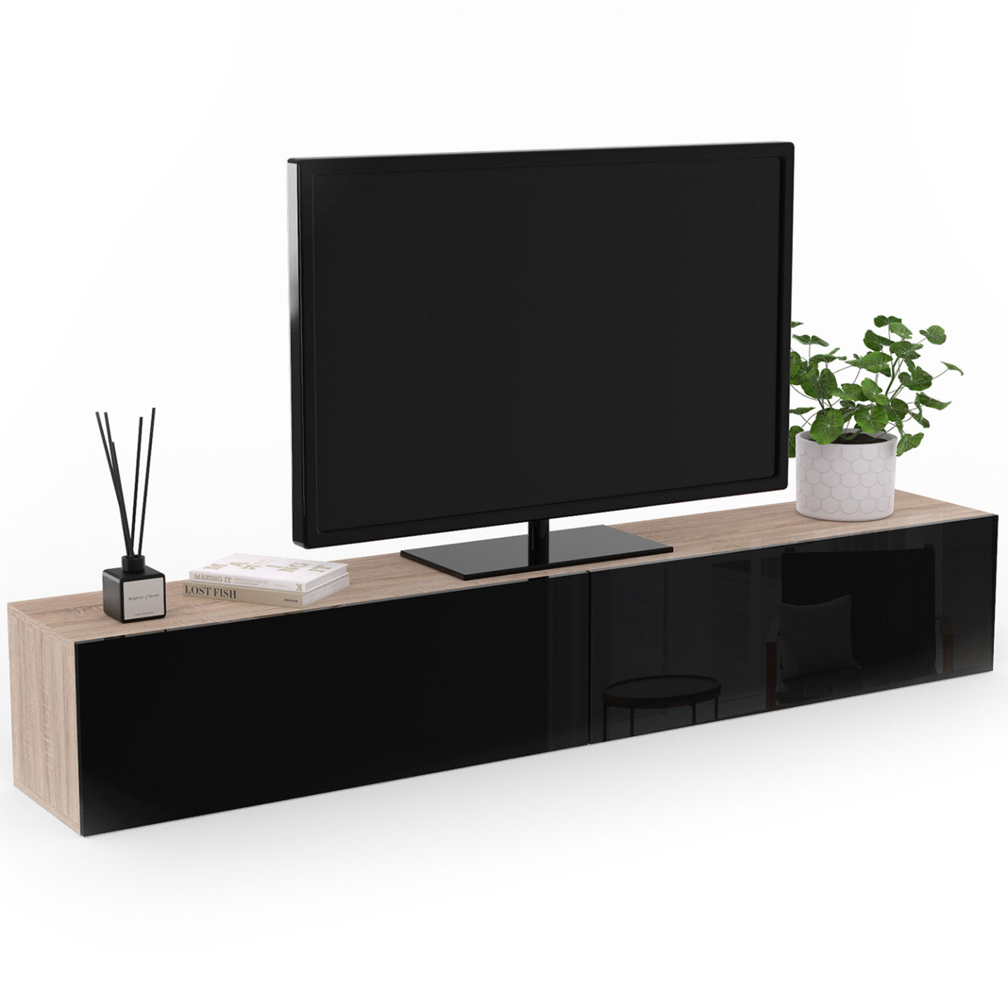 Idmarket - Meuble Tv 180 Cm Suspendu Elio 2 Portes Bois Et Noir
