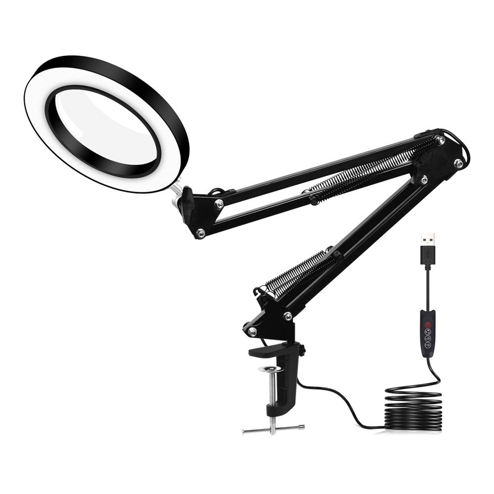 Lampe loupe LED 8x avec pince, bras pivotant réglable 250 mm × 2, 10 niveaux de luminosité, alimentation USB
