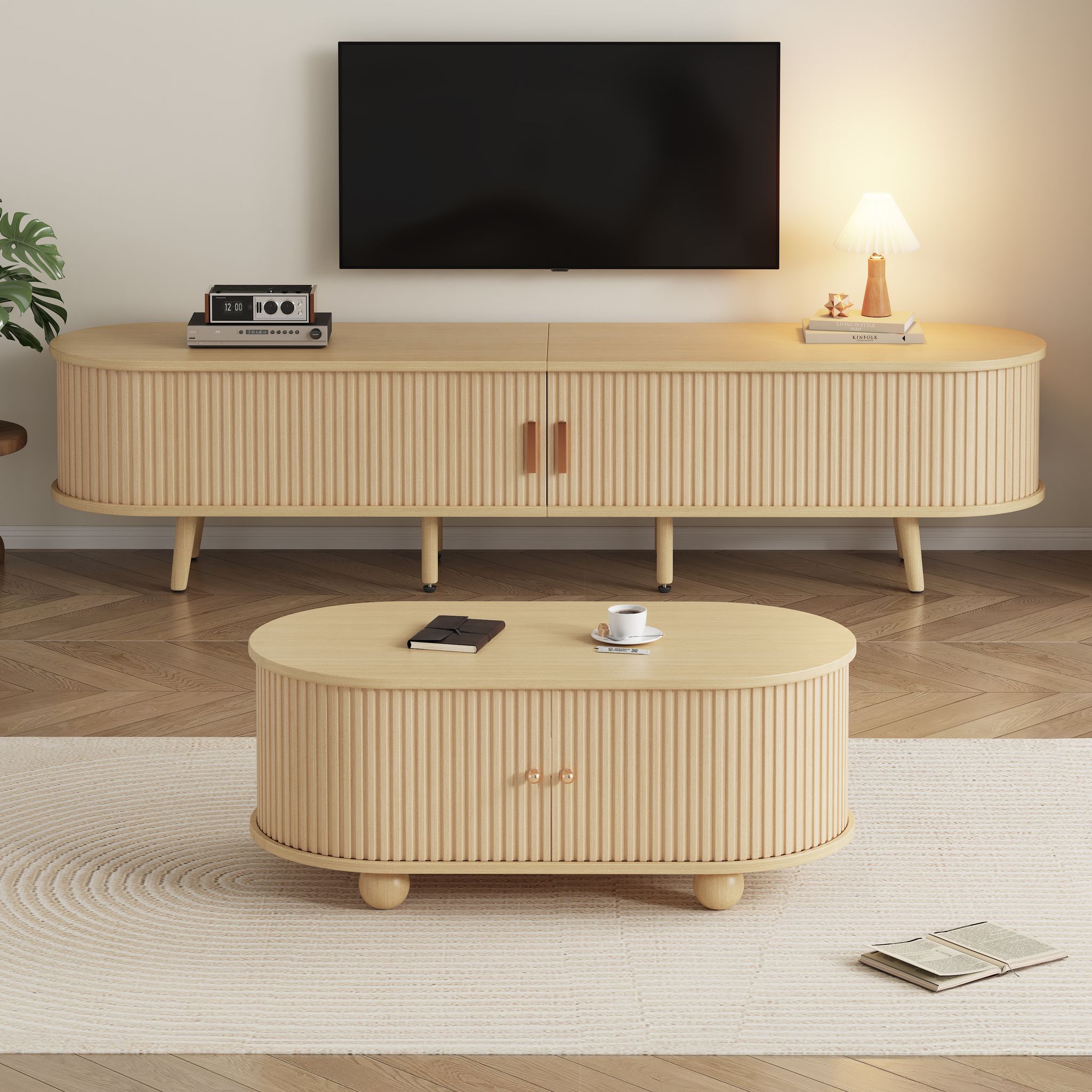 Ensemble Meuble Tv Et Table Basse Ovale Bois Clair