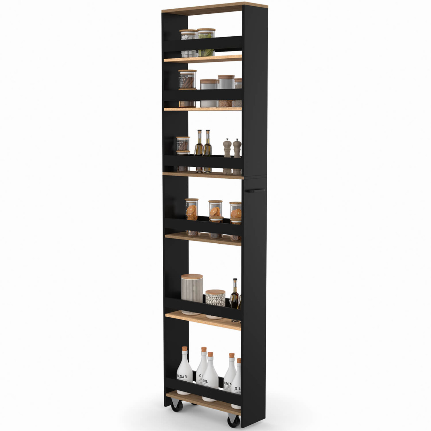 Idmarket – Desserte De Cuisine Haga Chariot De Rangement 6 Étagères Noir Et Bois Hêtre – Dimensions H. 177 Cm X L. 47 Cm X L. 16 Cm