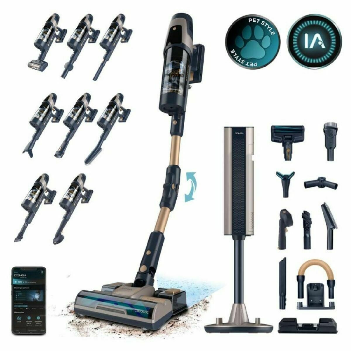 Cecotec Conga Rockstar 11500 Odyssey Station Connected IA Aspirateur-balai 2 en 1 Batterie Sec HEPA Sans sac 1,7 L 850 W Noir 5000 Ah
