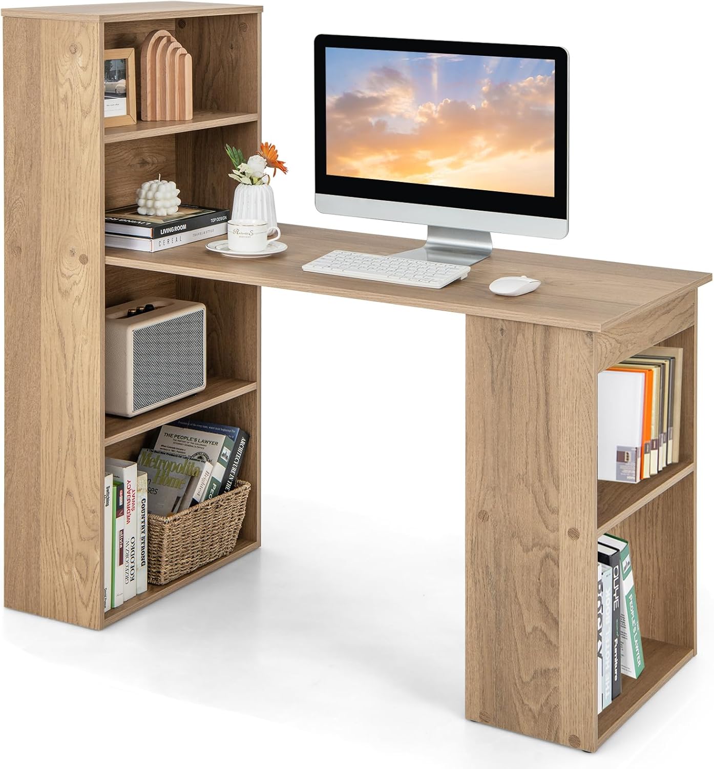 Costway - Bureau D'Ordinateur Réversible Avec Bibliothèque