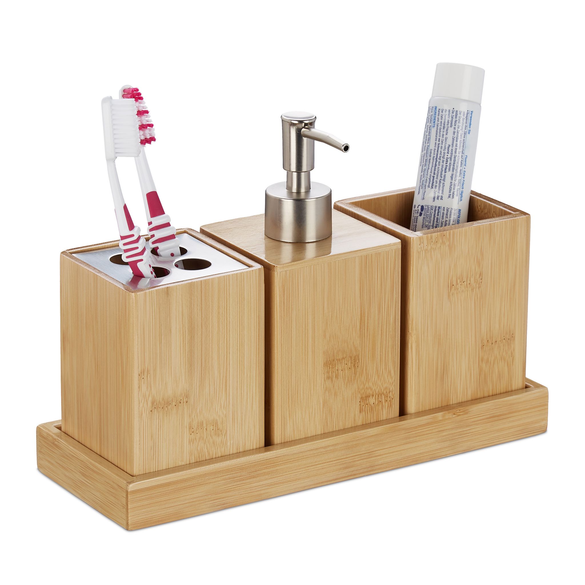 Relaxdays Natürlich - Badaccessoires Set, 4-Teilig, Bambus, Pumpseifenspender, Zahnputzbecher, Zahnbürstenhalter, Mit Schale, Natur
