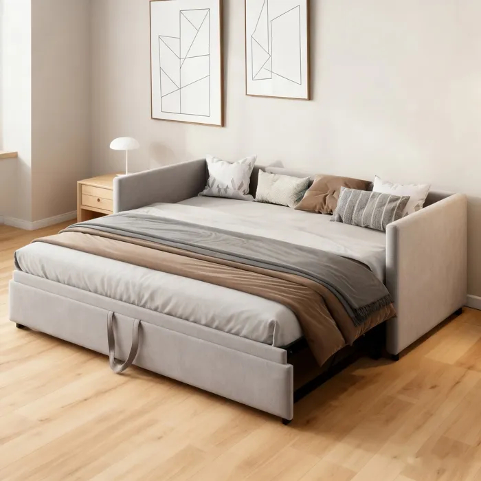 Canapé Lit Gigogne, 2 En 1, Extensible, Lit 90/180 X 200 Cm, Avec Dossier Et Accoudoirs, Sommier À Lattes En Bois, Gris, Velours