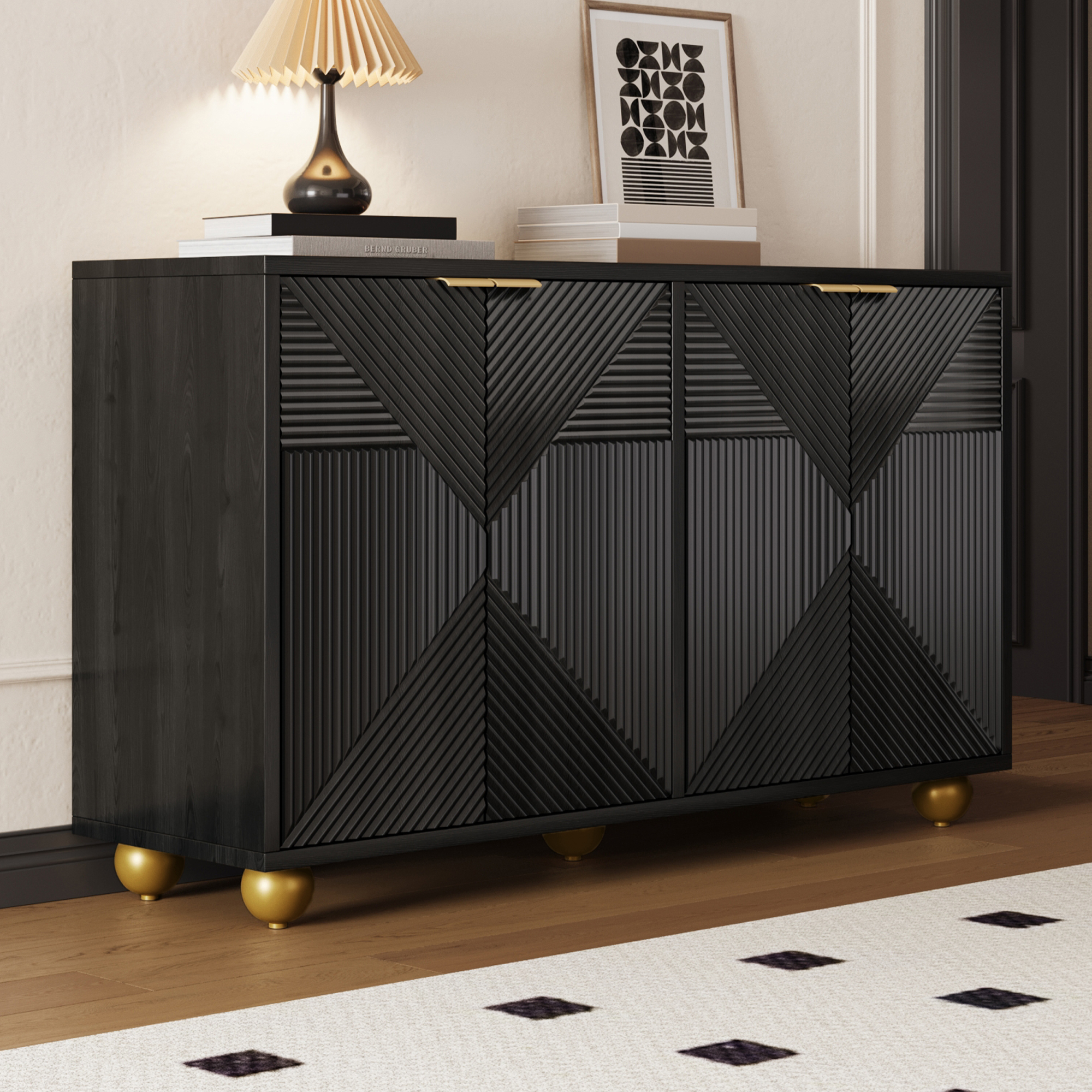 Buffet Moderne Noir Avec Quatre Portes Moulurées,étagères
