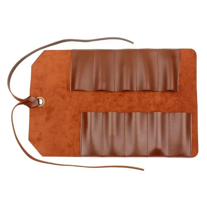 Trousse à outils en cuir marron clair, 10 poches, 38,5 x 23,5 cm, cordons de serrage