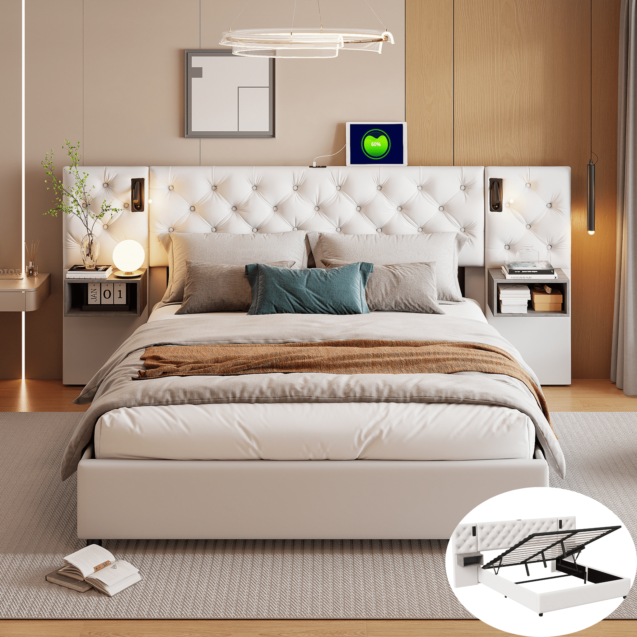 Lit Coffre 140x200 Cm Avec Rangement, Cadre De Lit 140x200 Avec Sommier Led Et Usb, 2 Tables De Chevet Intégrée, Lit Double Avec Tête De Lit Capitonné, Velours, Beige