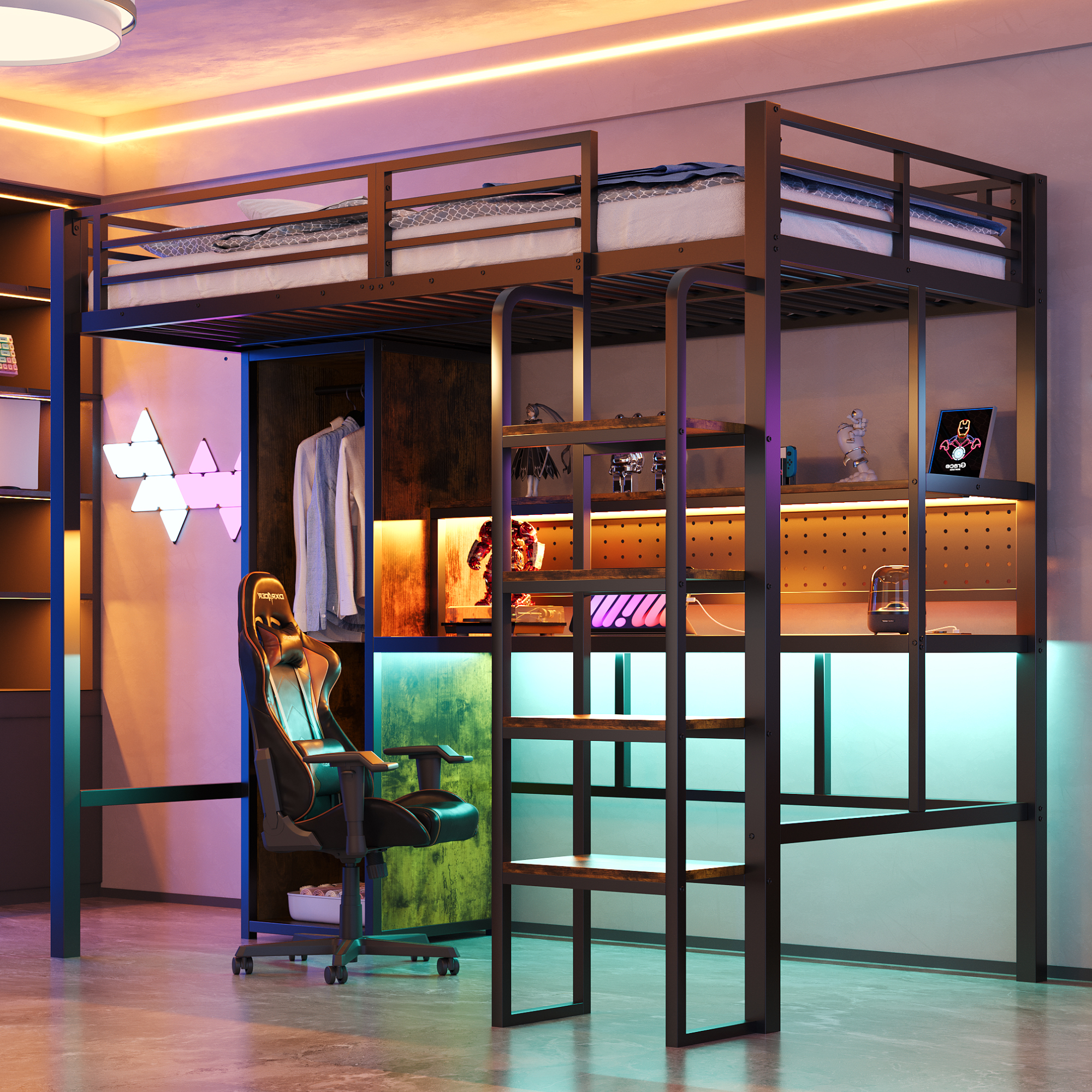 Stilvora Hochbett 90 X 200 Cm Mit Kleiderschrank, Schreibtisch, Led Und Regal, Ohne Matratze, Aus Metall, Schwarz