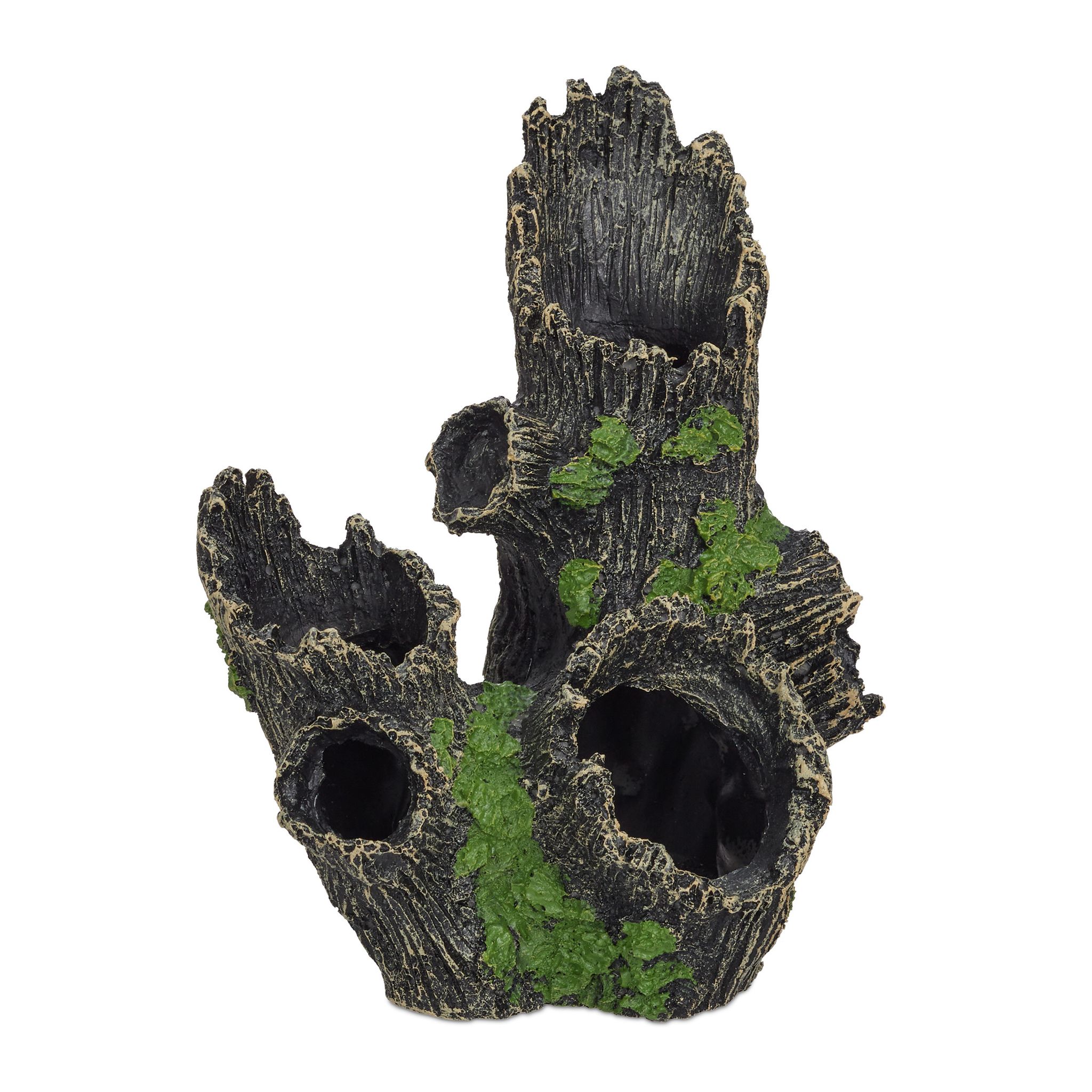 Relaxdays Aquarium Deko, Baumstamm Höhle, Natur-Optik, Versteck, Aquarienzubehör Hxbxt 16,5 X 15,5 X 11 Cm, Schwarz-Grün 4052025299668